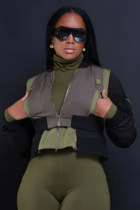 Count On Me Color Block Bomber Jacket - Black/Olive
