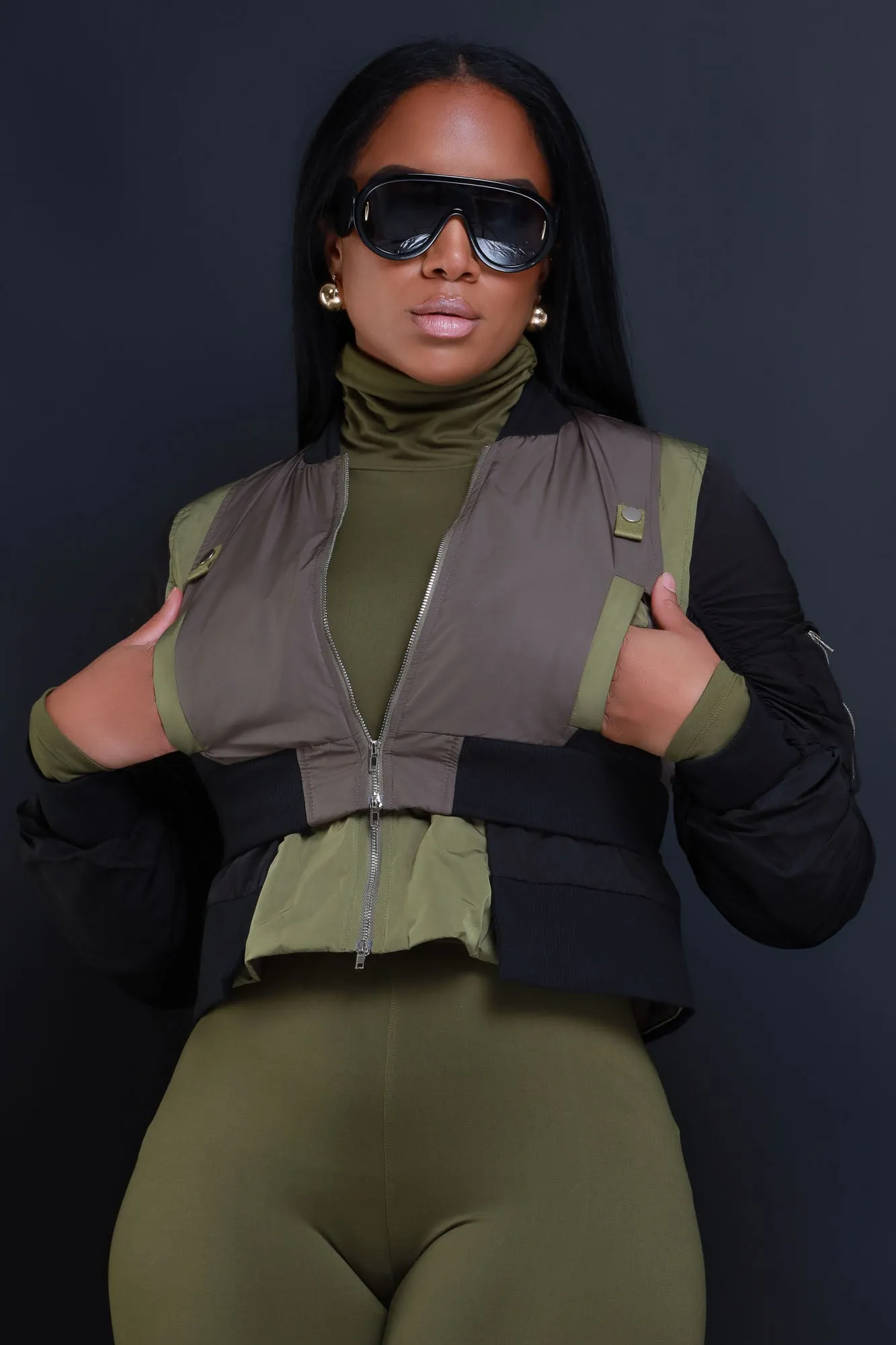 Count On Me Color Block Bomber Jacket - Black/Olive