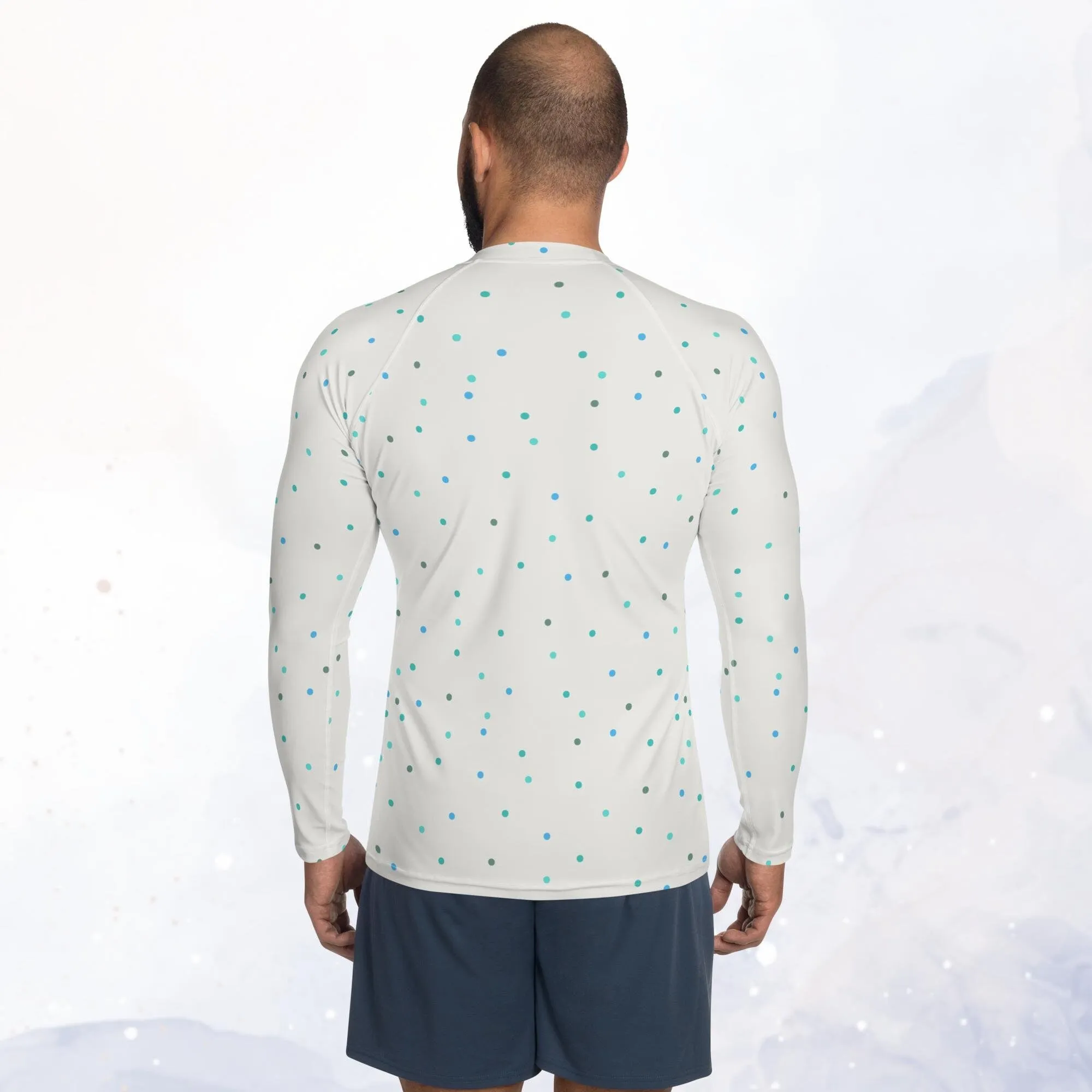 Cream and Blue Polka Dot Men's Long Sleeve Rash Guard