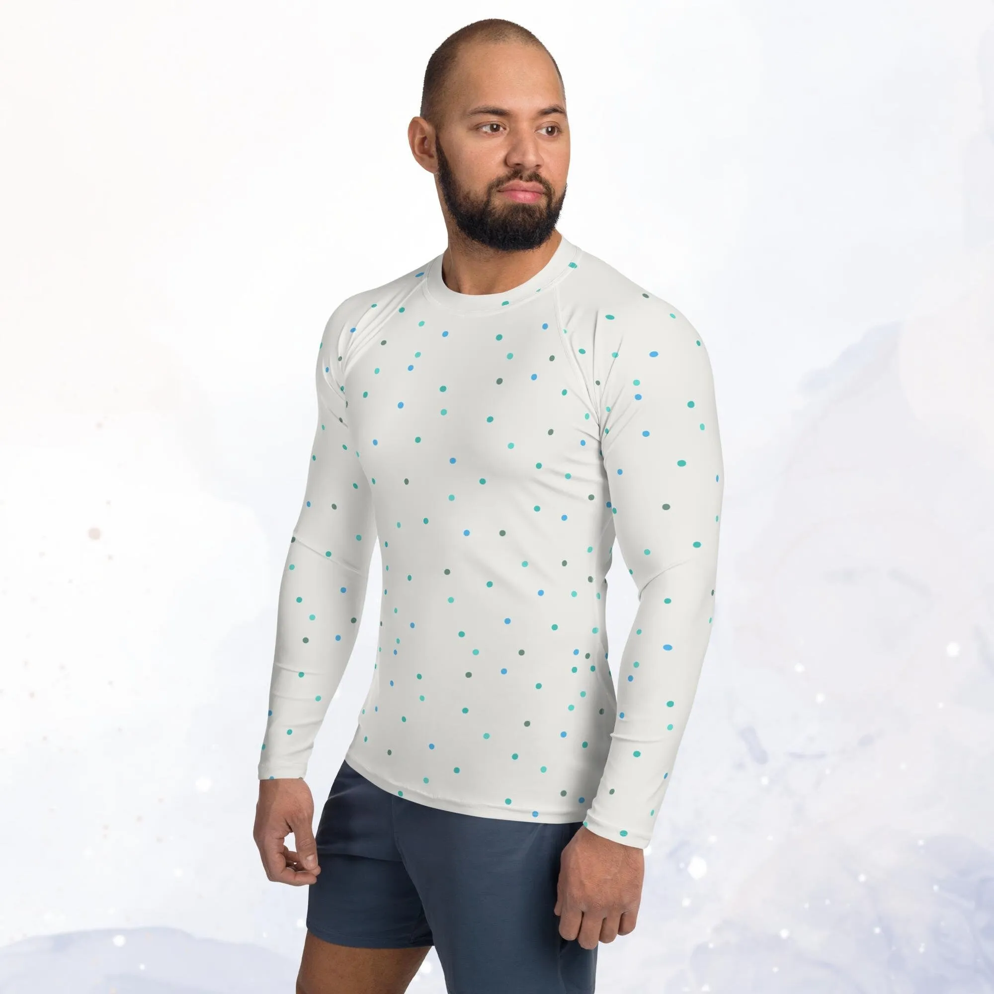 Cream and Blue Polka Dot Men's Long Sleeve Rash Guard