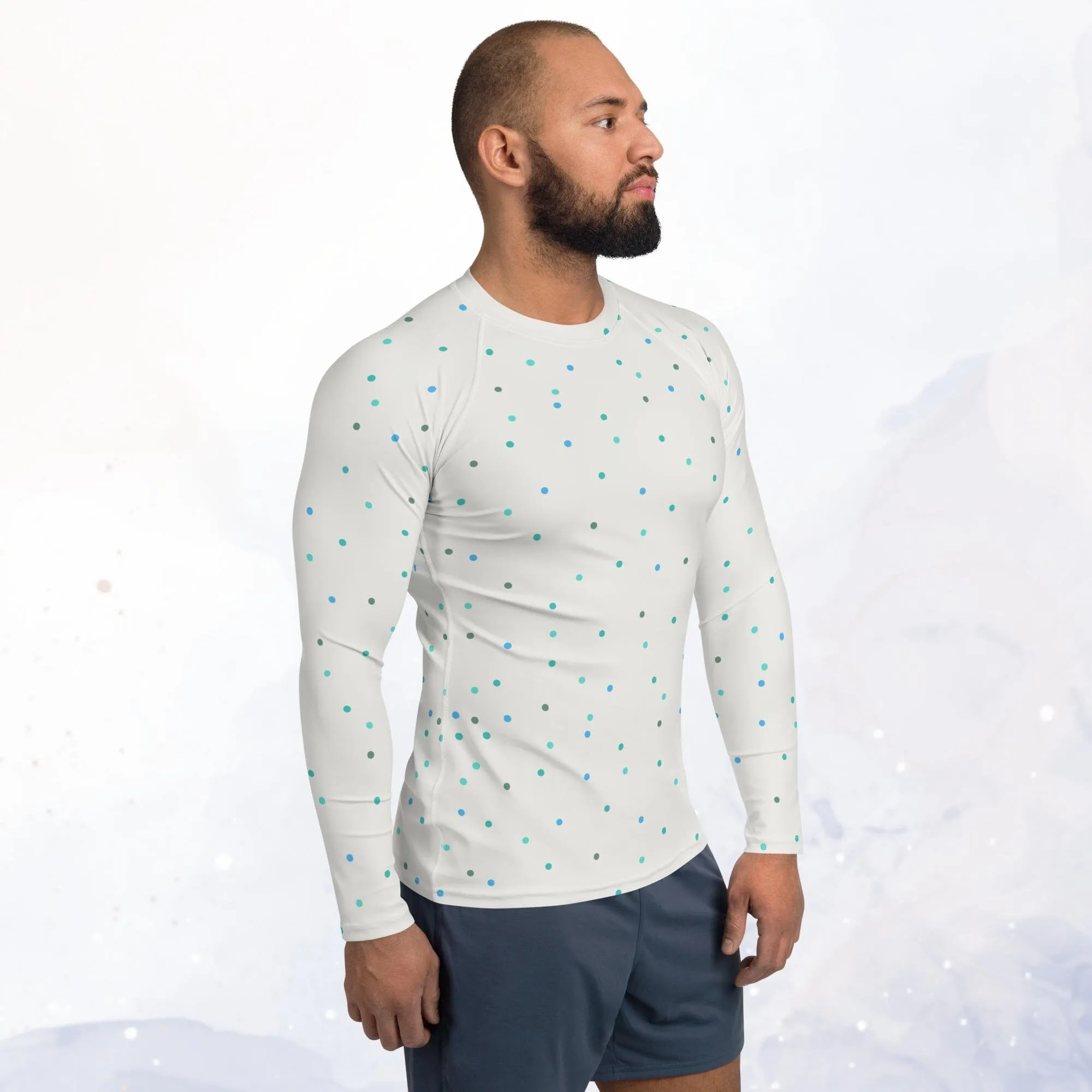 Cream and Blue Polka Dot Men's Long Sleeve Rash Guard