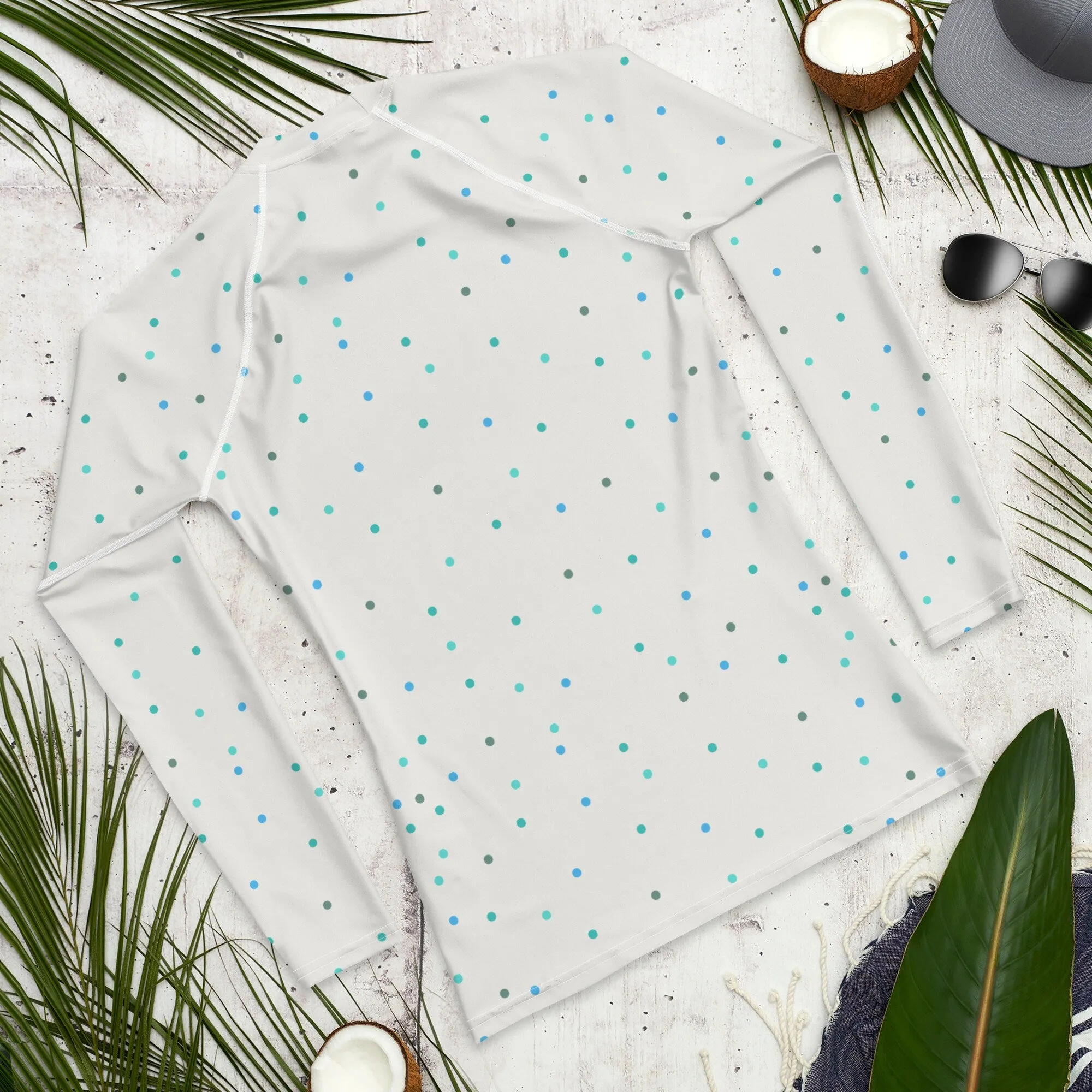 Cream and Blue Polka Dot Men's Long Sleeve Rash Guard