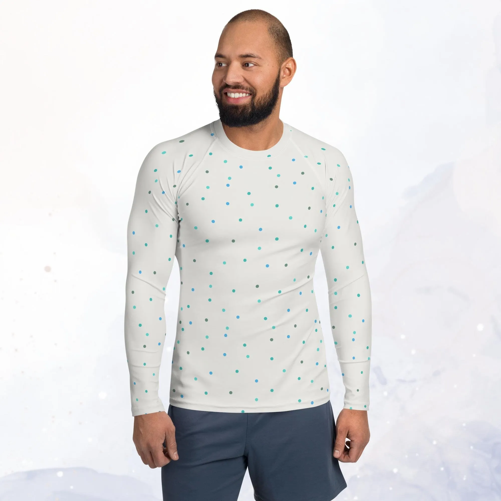 Cream and Blue Polka Dot Men's Long Sleeve Rash Guard