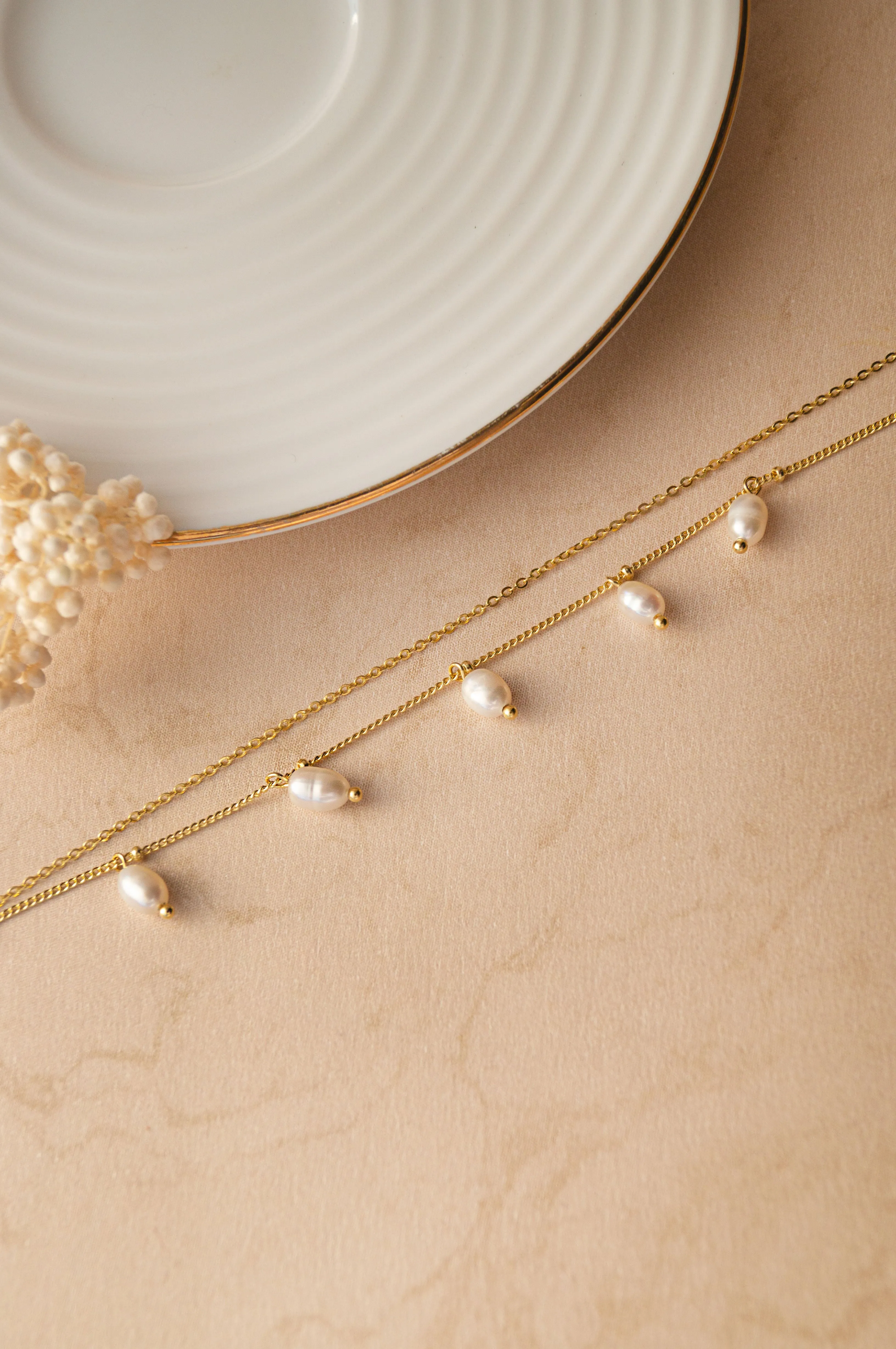Dancing Pearls Two layer Gold Plated Sterling Silver Chain Bracelet