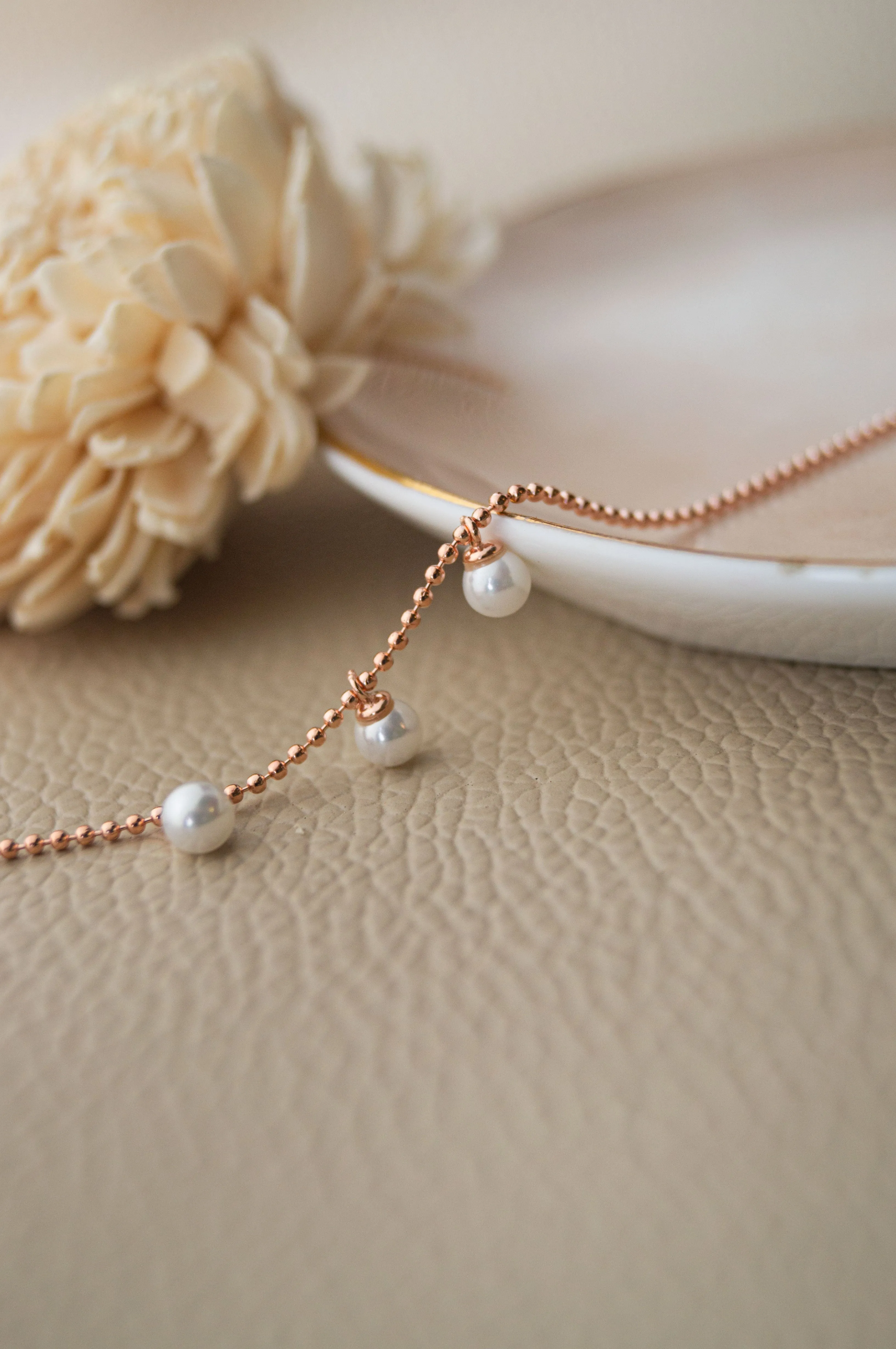 Dangling Pearls Rose Gold Plated Sterling Silver Chain Bracelet