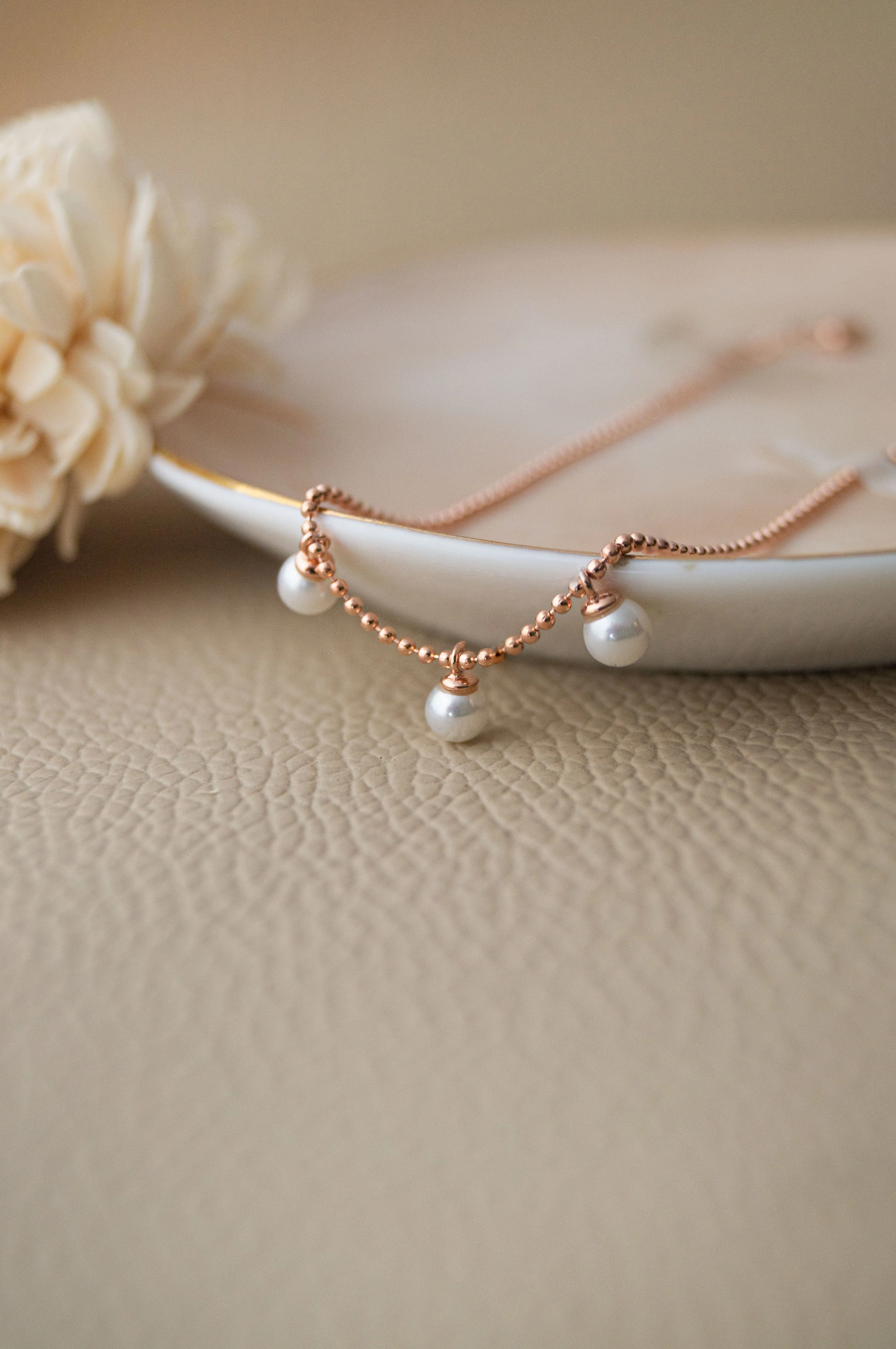Dangling Pearls Rose Gold Plated Sterling Silver Chain Bracelet