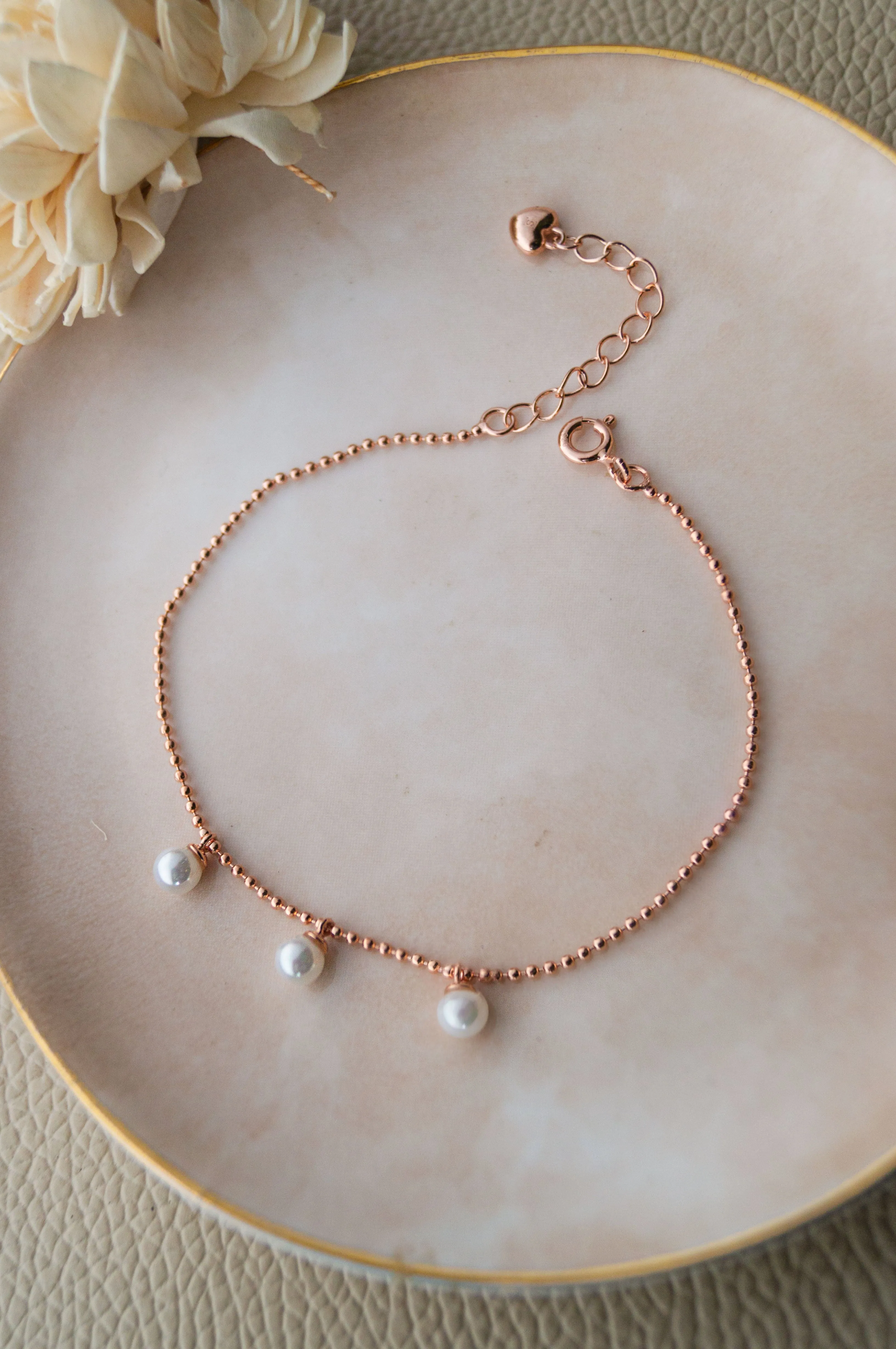 Dangling Pearls Rose Gold Plated Sterling Silver Chain Bracelet