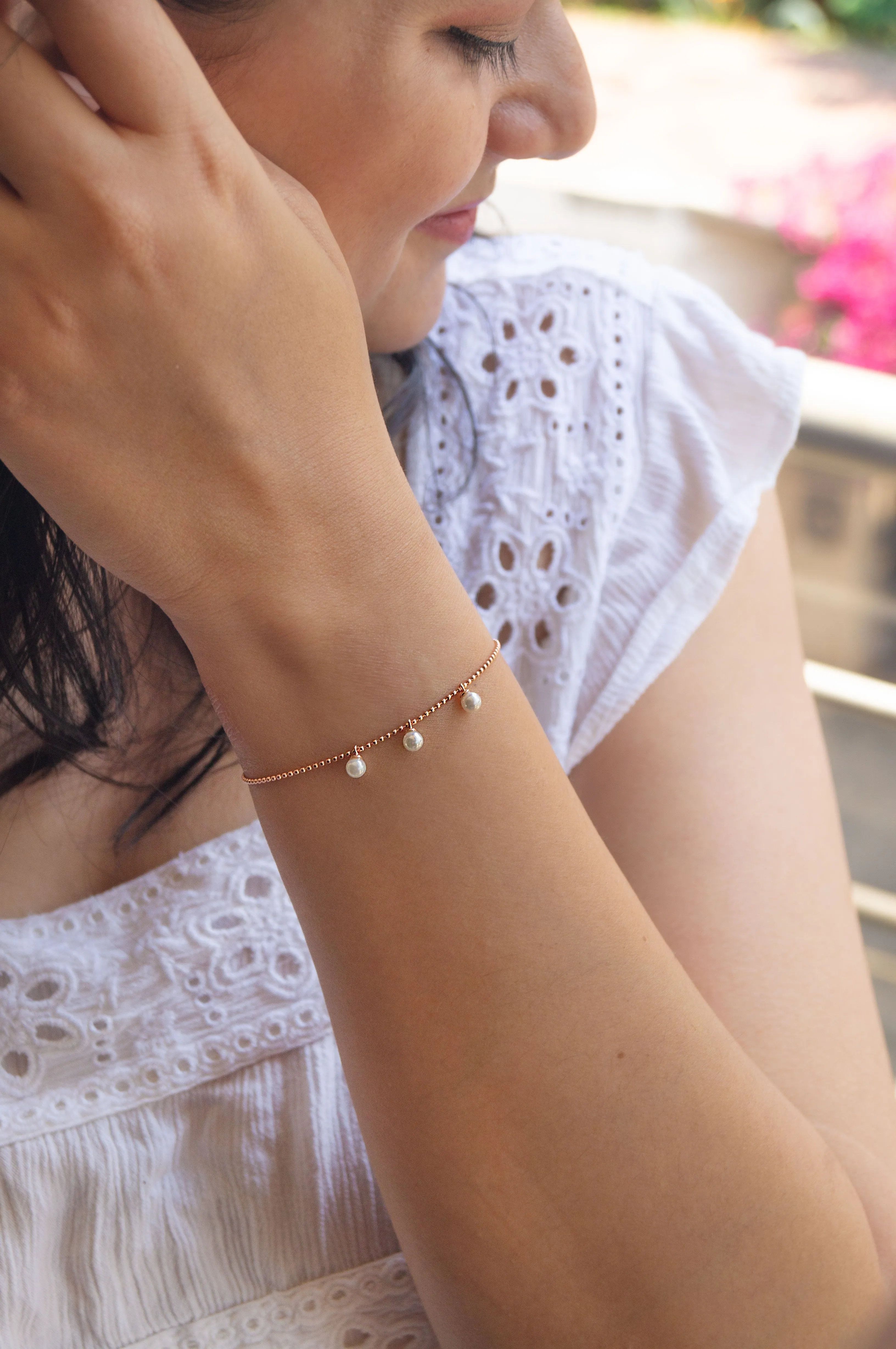 Dangling Pearls Rose Gold Plated Sterling Silver Chain Bracelet