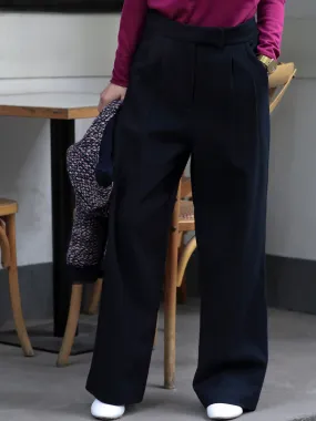 Dark Navy Wide Leg Luxury Fine Wool Trousers