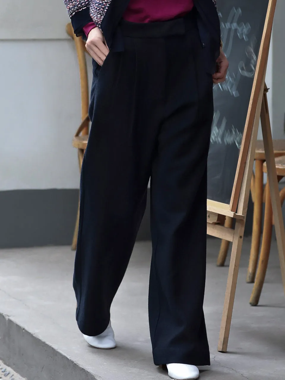 Dark Navy Wide Leg Luxury Fine Wool Trousers