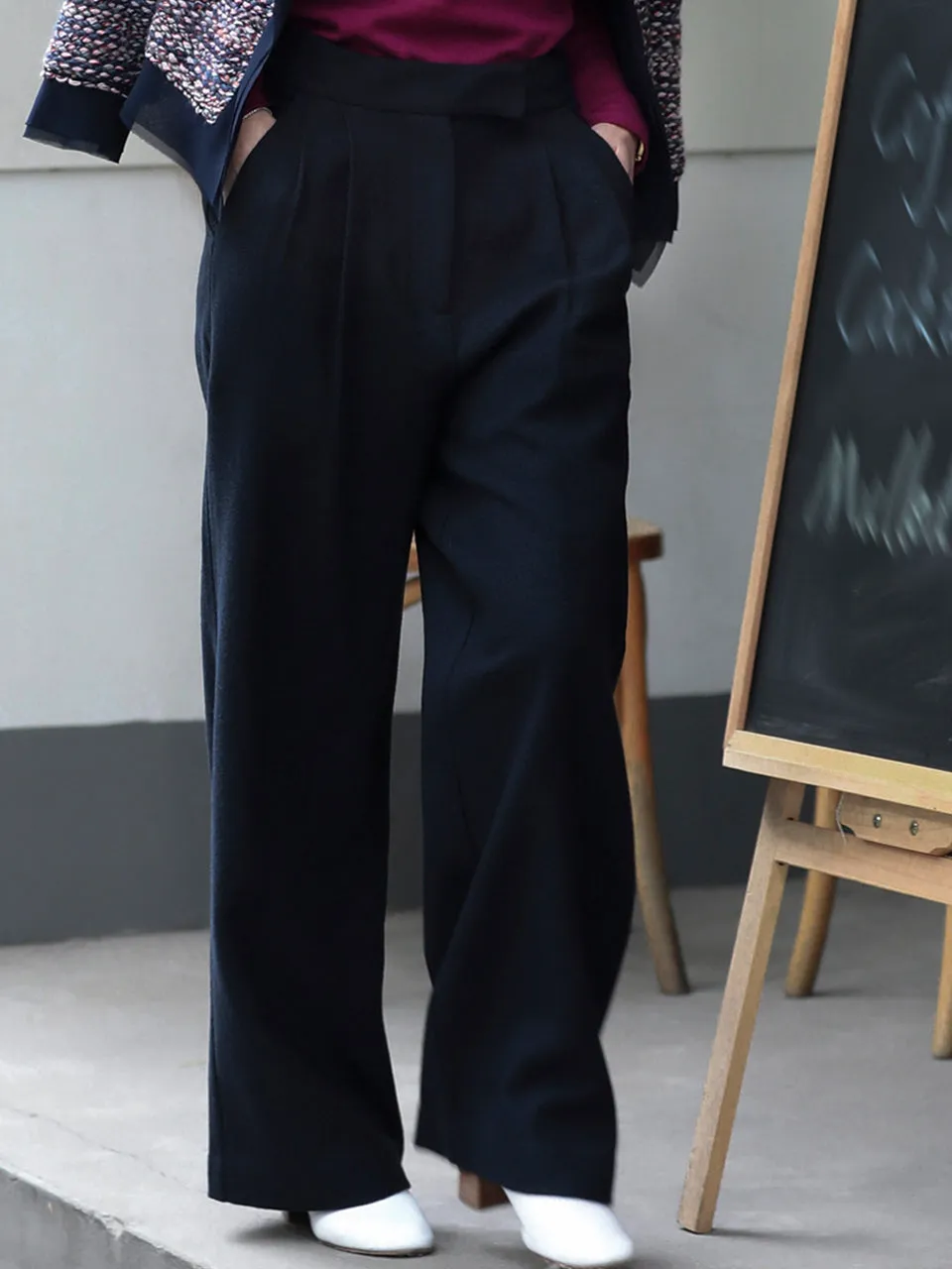 Dark Navy Wide Leg Luxury Fine Wool Trousers