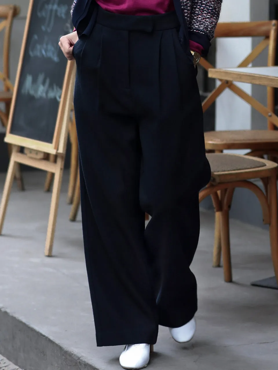 Dark Navy Wide Leg Luxury Fine Wool Trousers
