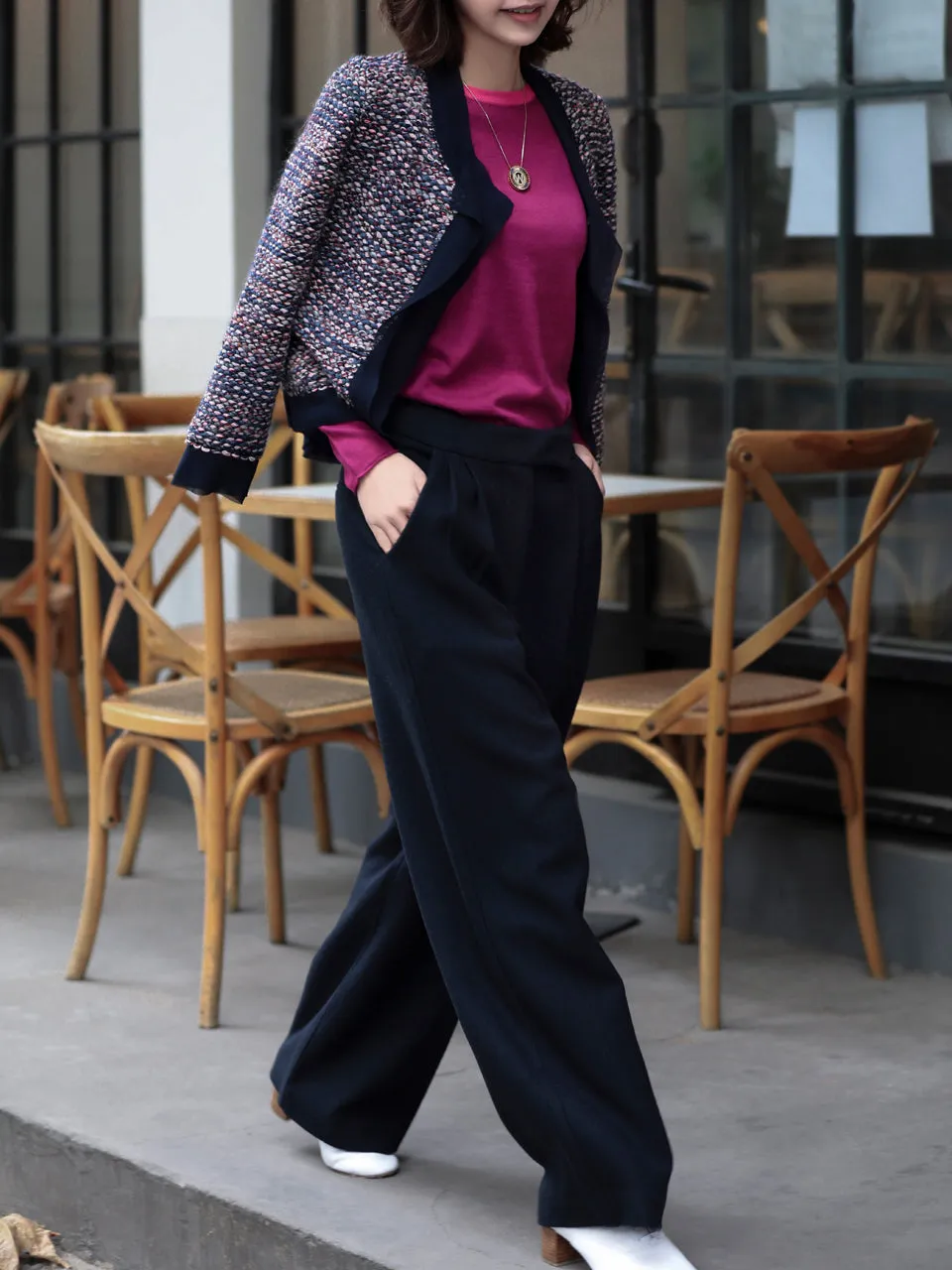Dark Navy Wide Leg Luxury Fine Wool Trousers
