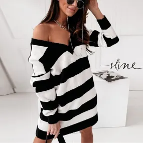 DressBetty - V-neck Striped Long Sleeve Knitted Off Shoulder Dress