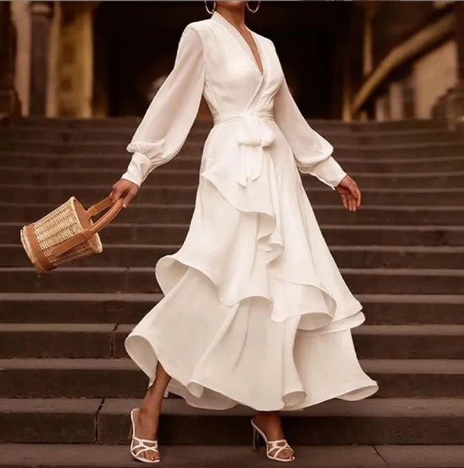 French Elegant Party Women's Fashion Autumn V-Neck Long Sleeve Wrinkles High Waisted Layered Big Skirt Hem Socialite White Dress