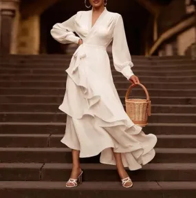 French Elegant Party Women's Fashion Autumn V-Neck Long Sleeve Wrinkles High Waisted Layered Big Skirt Hem Socialite White Dress