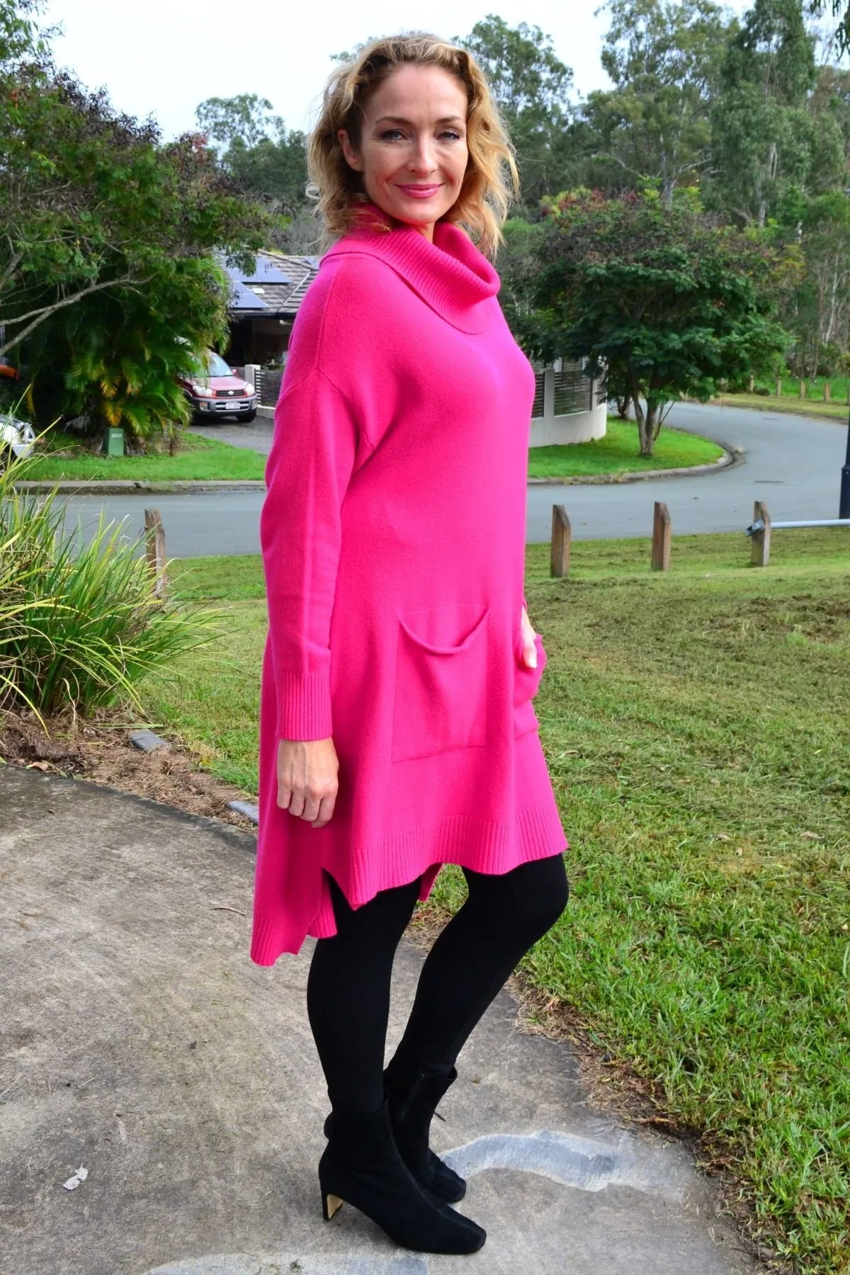 Fuchsia Pocket Warm Knit Tunic Jumper