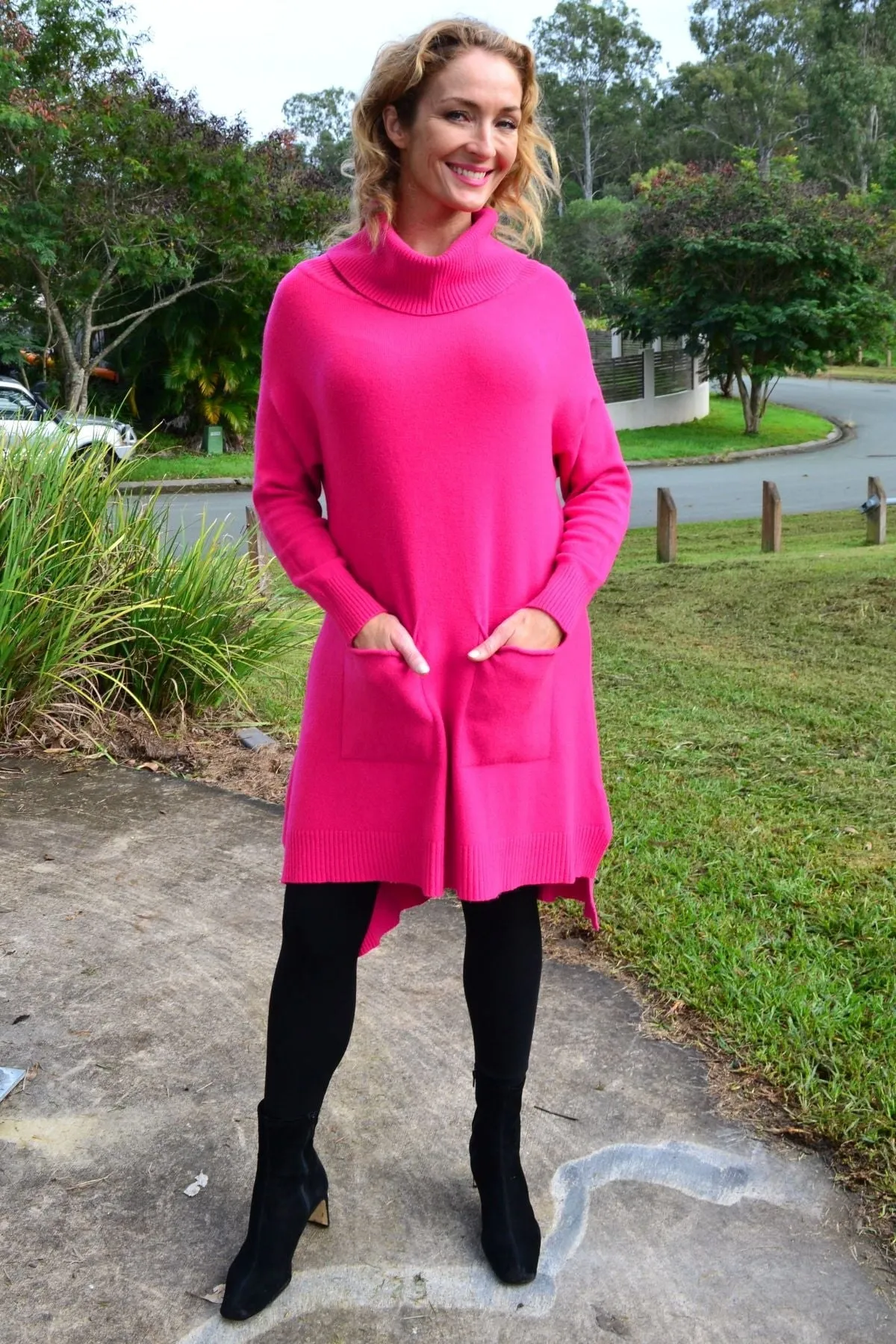 Fuchsia Pocket Warm Knit Tunic Jumper