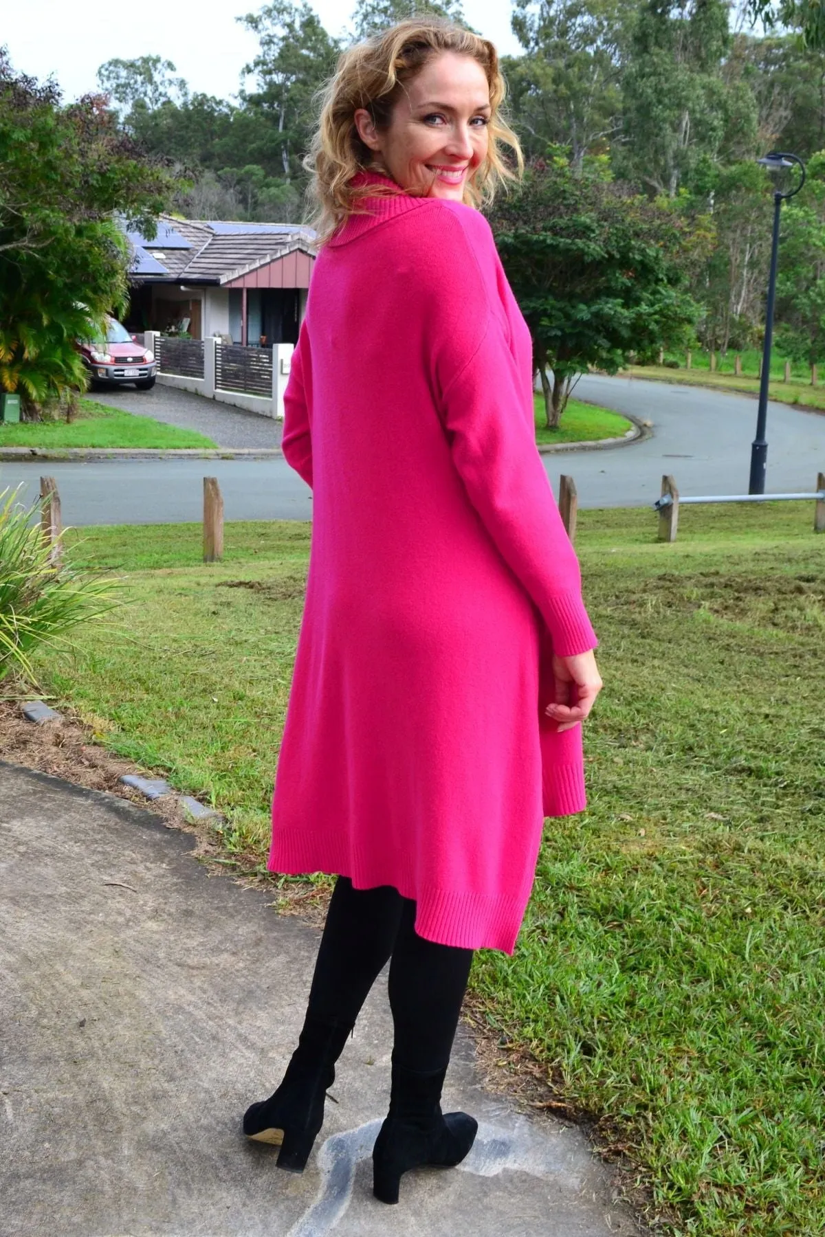 Fuchsia Pocket Warm Knit Tunic Jumper