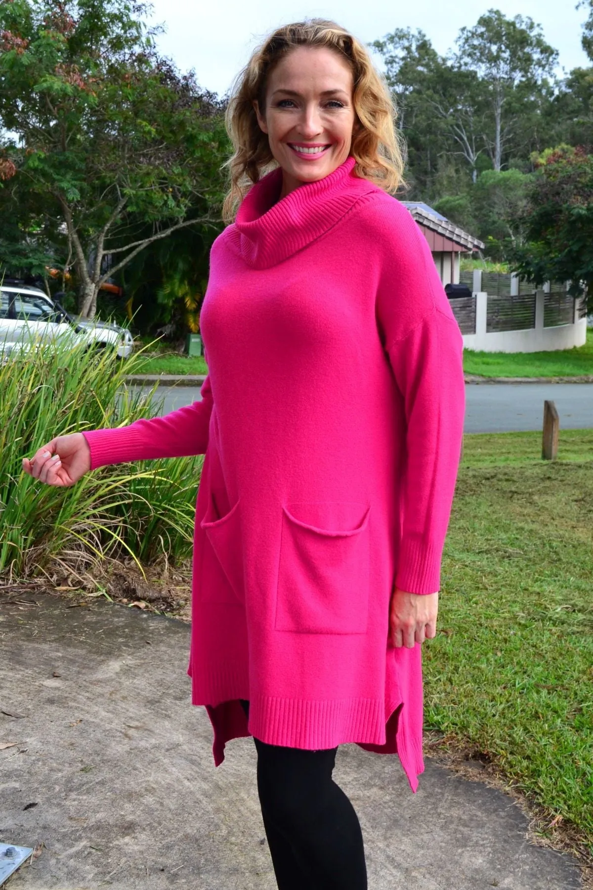Fuchsia Pocket Warm Knit Tunic Jumper