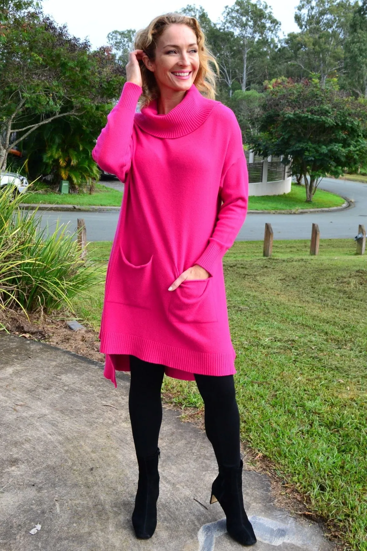 Fuchsia Pocket Warm Knit Tunic Jumper