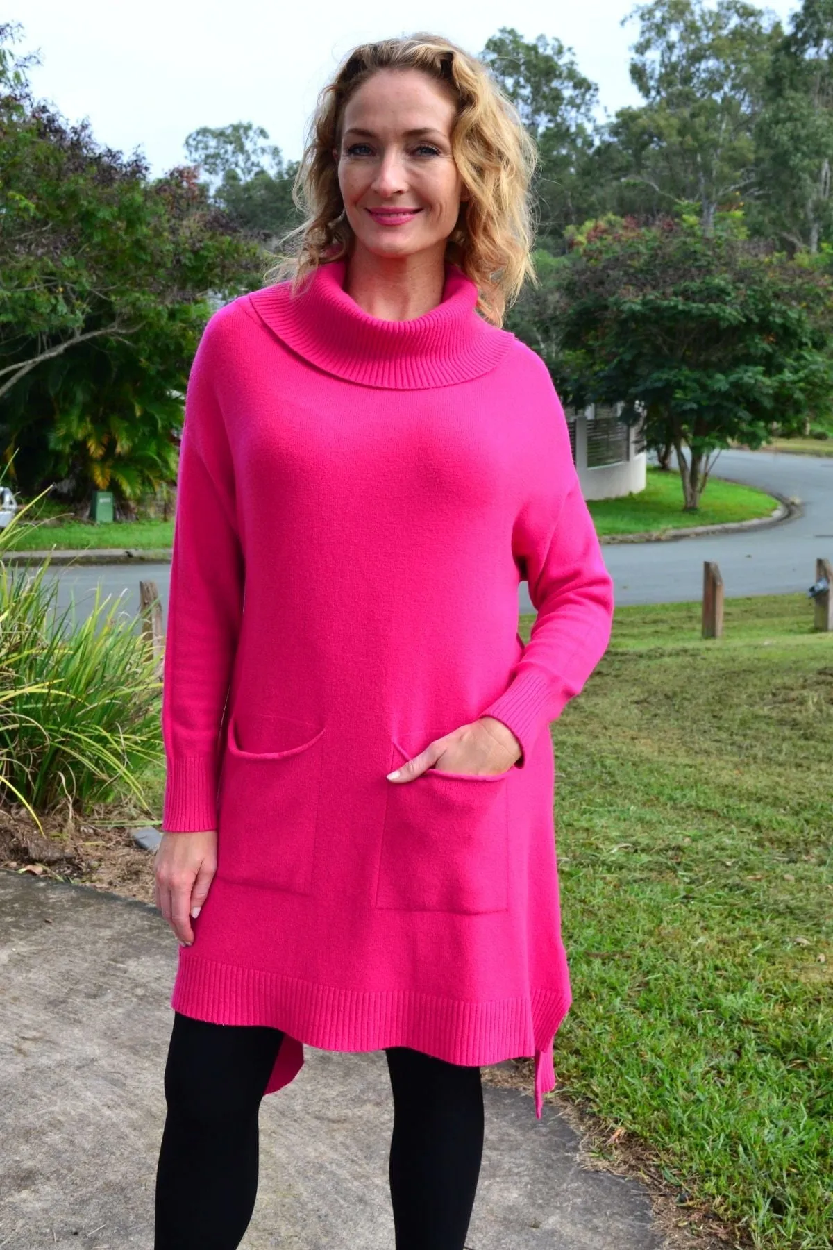 Fuchsia Pocket Warm Knit Tunic Jumper