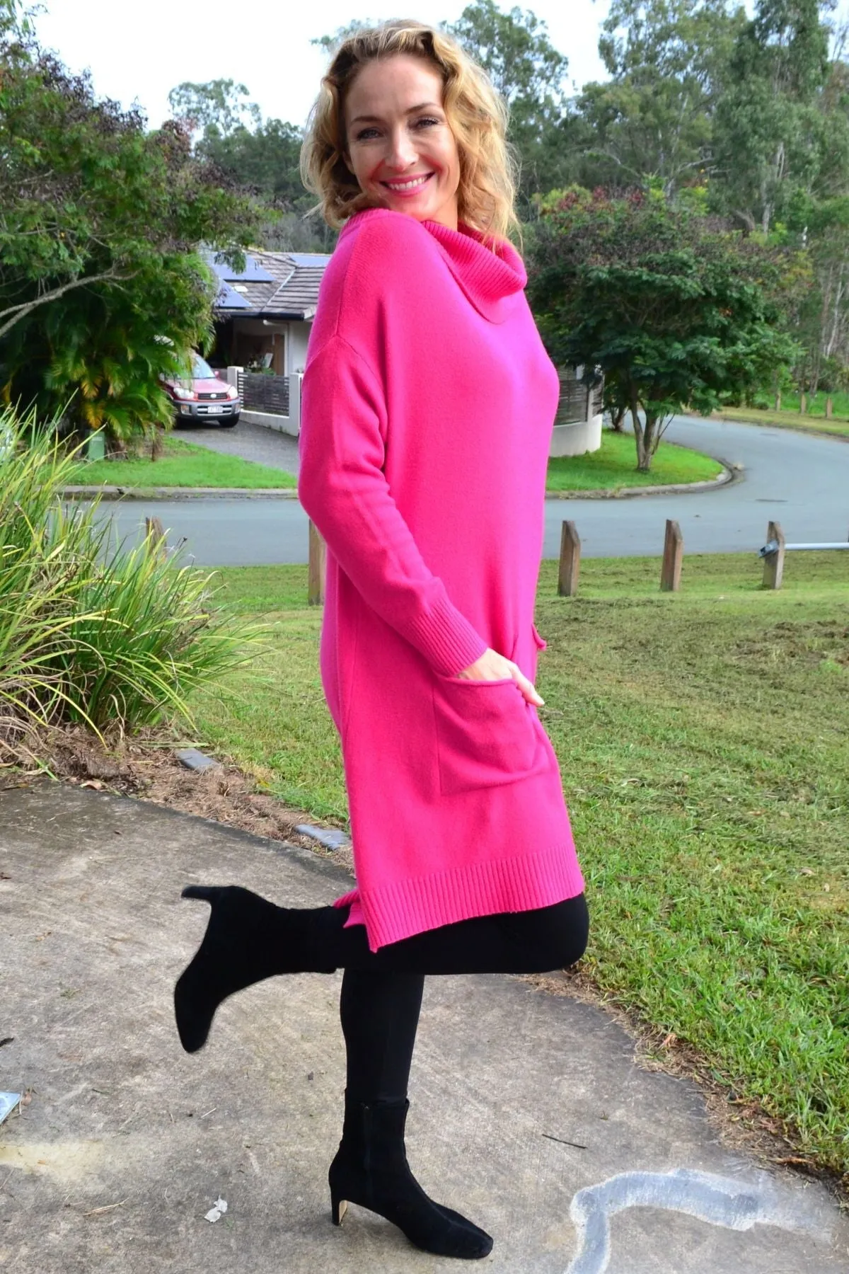 Fuchsia Pocket Warm Knit Tunic Jumper