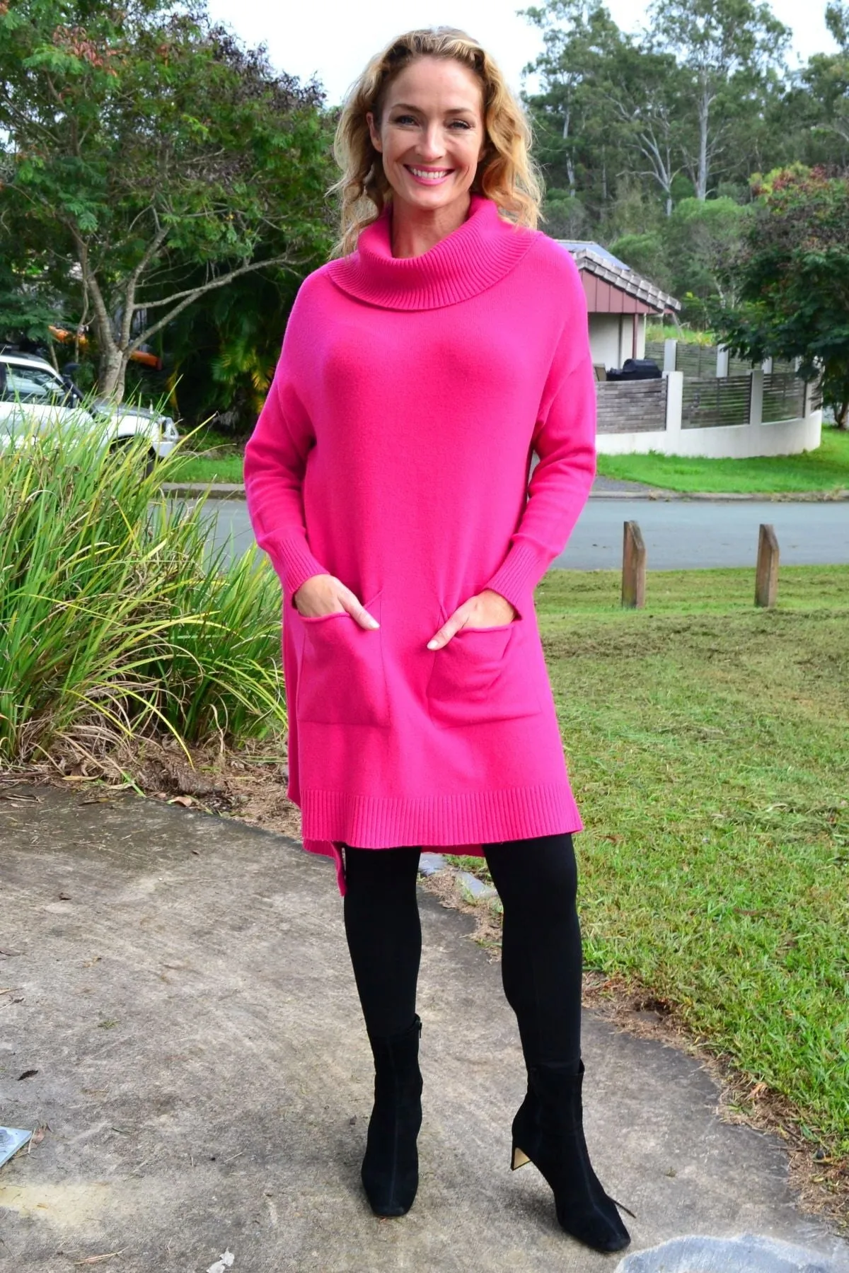 Fuchsia Pocket Warm Knit Tunic Jumper