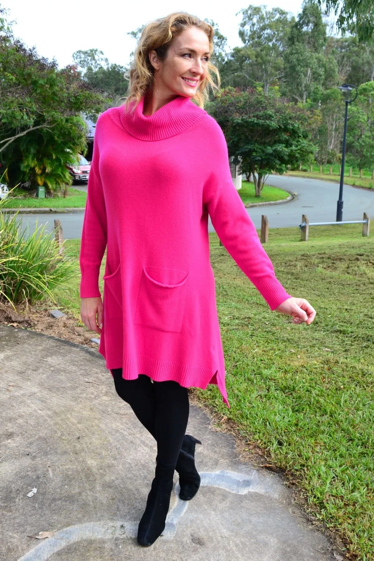 Fuchsia Pocket Warm Knit Tunic Jumper