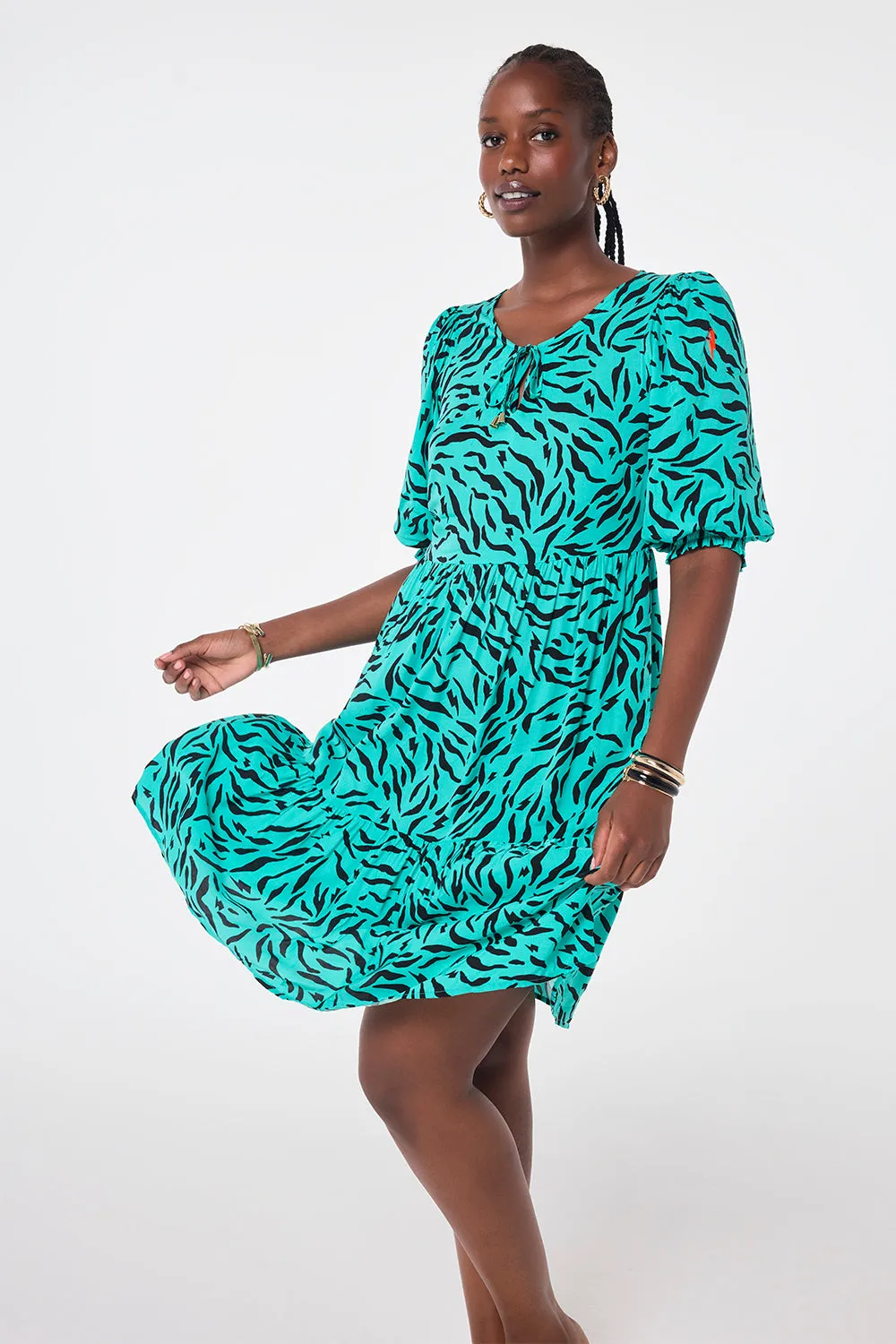 Green with Black Zebra Tie Front Short Dress