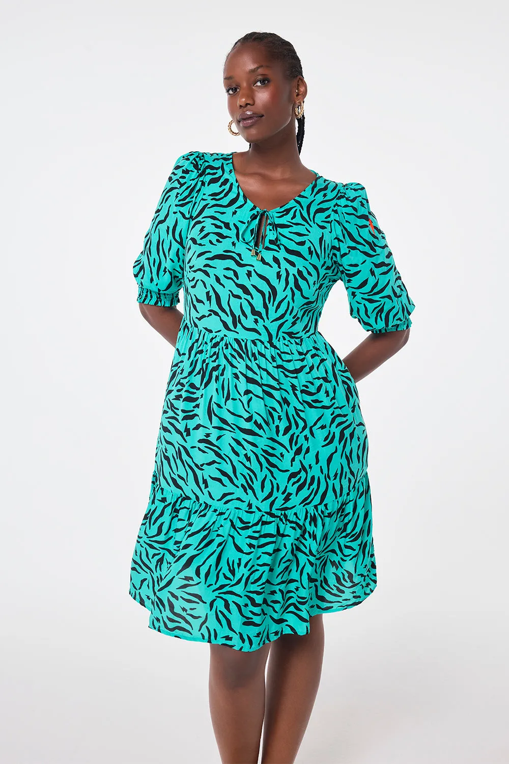 Green with Black Zebra Tie Front Short Dress