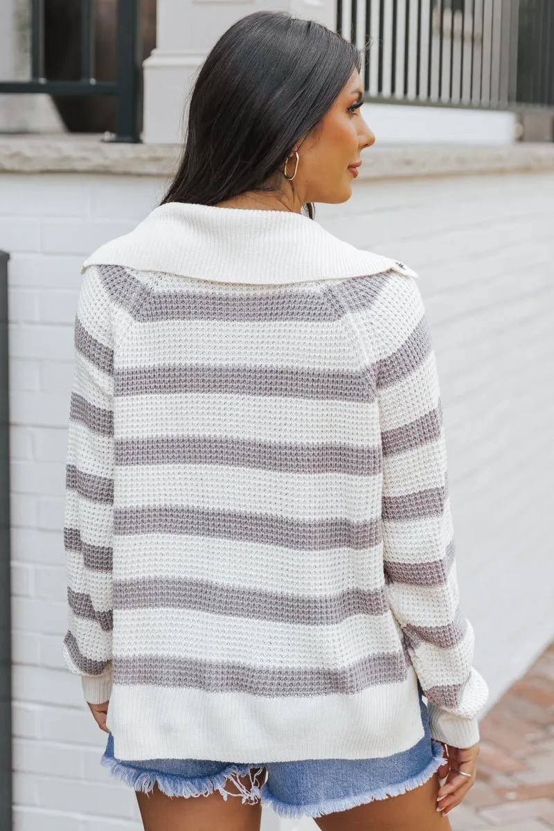 Heather Grey Striped Button Up Sweater