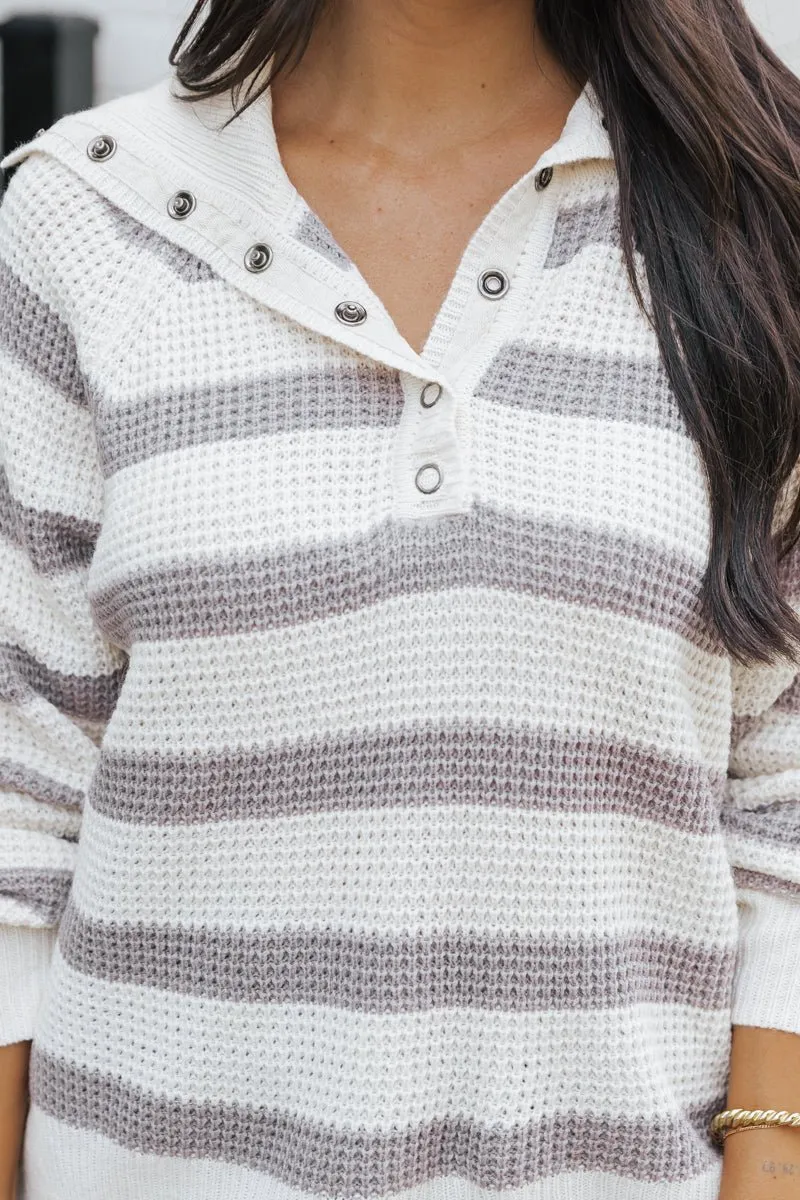 Heather Grey Striped Button Up Sweater