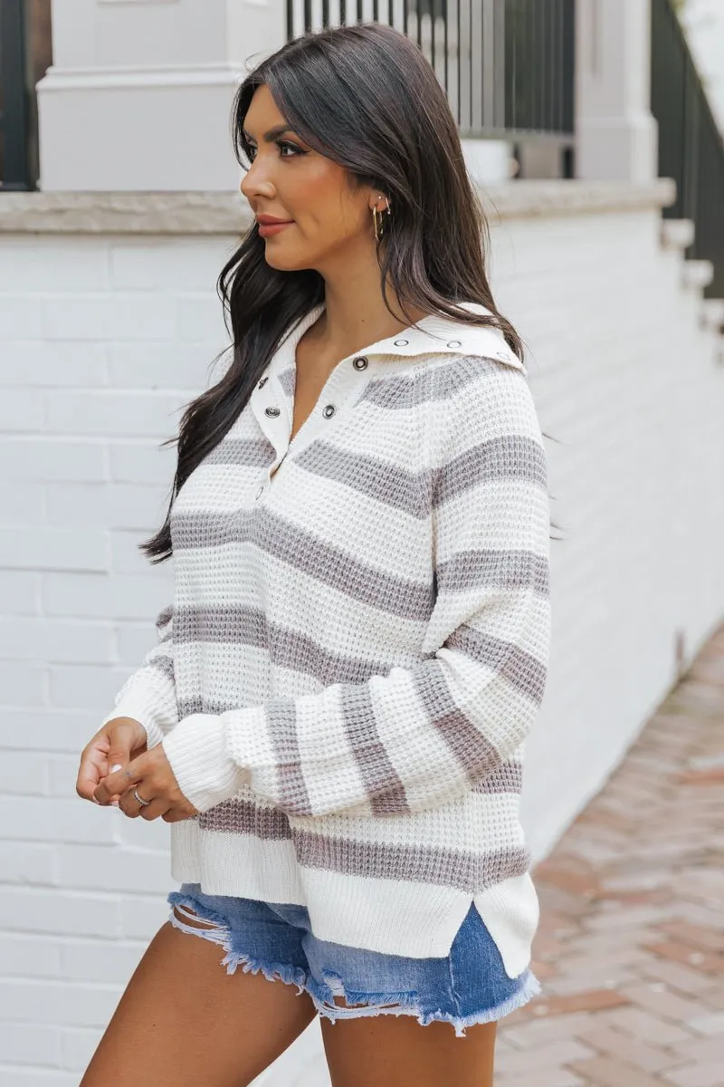 Heather Grey Striped Button Up Sweater