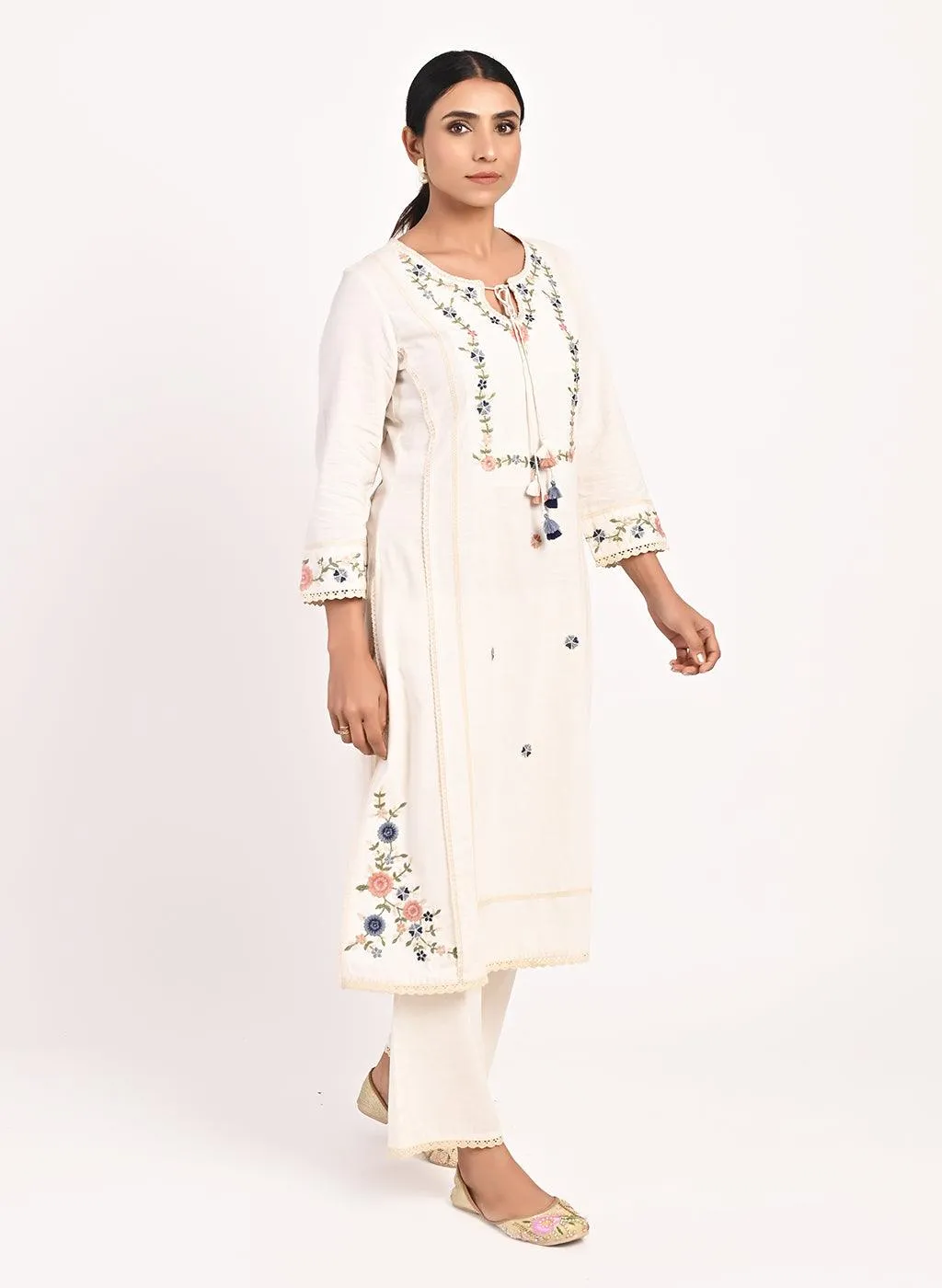 Ivory Embroidered Straight-fit Cotton Kurta Set