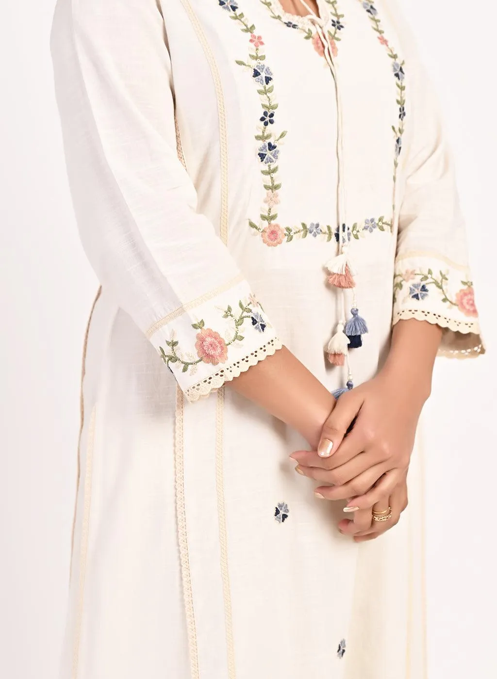 Ivory Embroidered Straight-fit Cotton Kurta Set