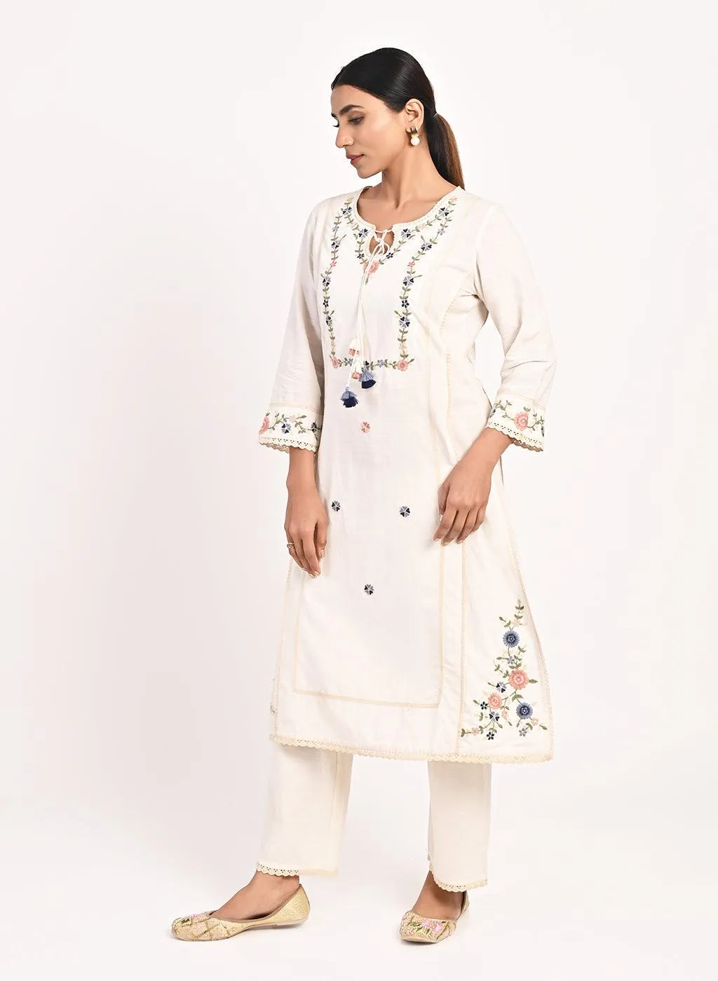 Ivory Embroidered Straight-fit Cotton Kurta Set