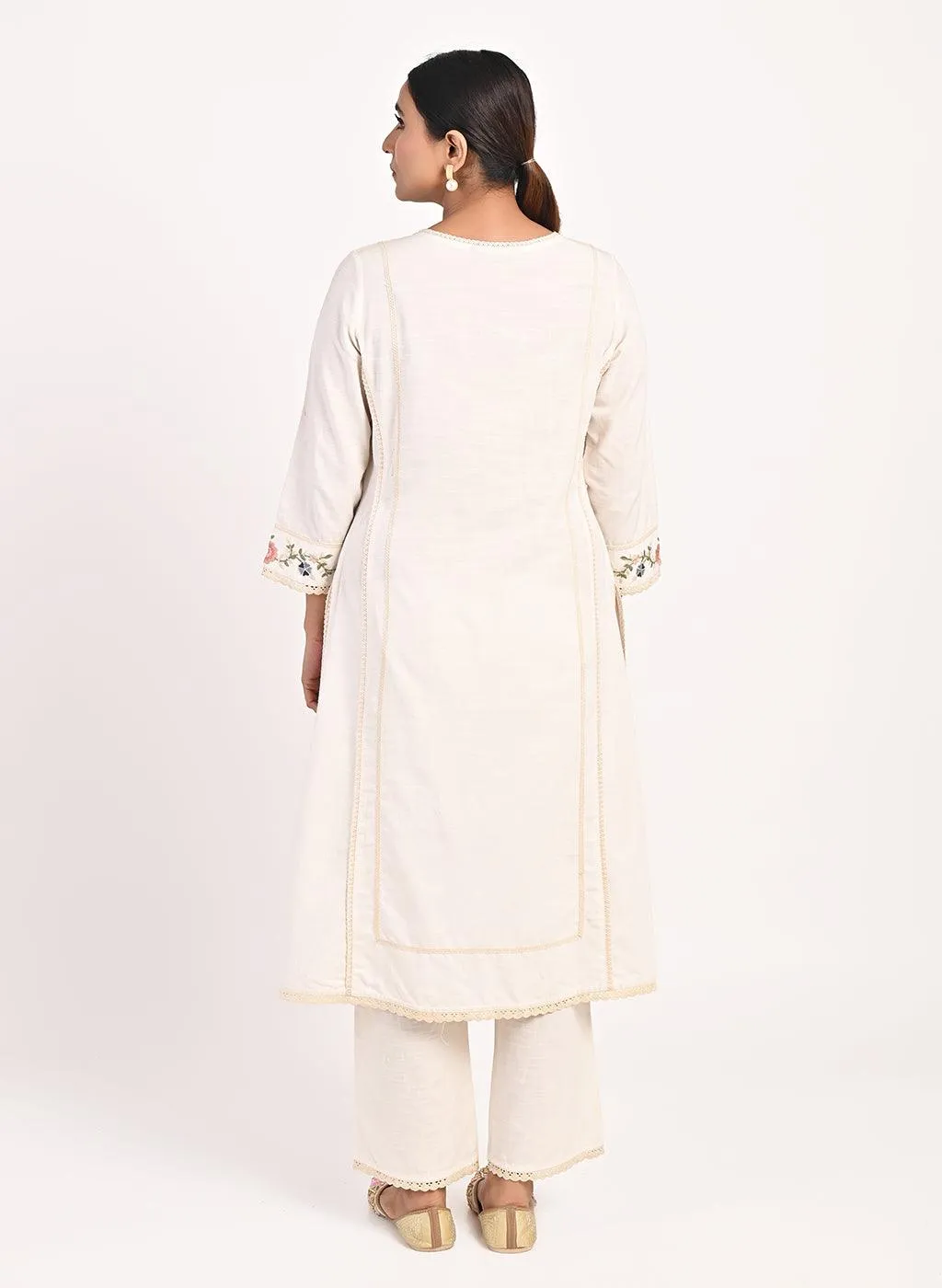 Ivory Embroidered Straight-fit Cotton Kurta Set