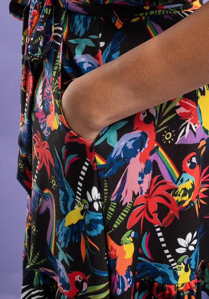 Jena Rainbow Parrots Print Tiered Hem Midi Dress
