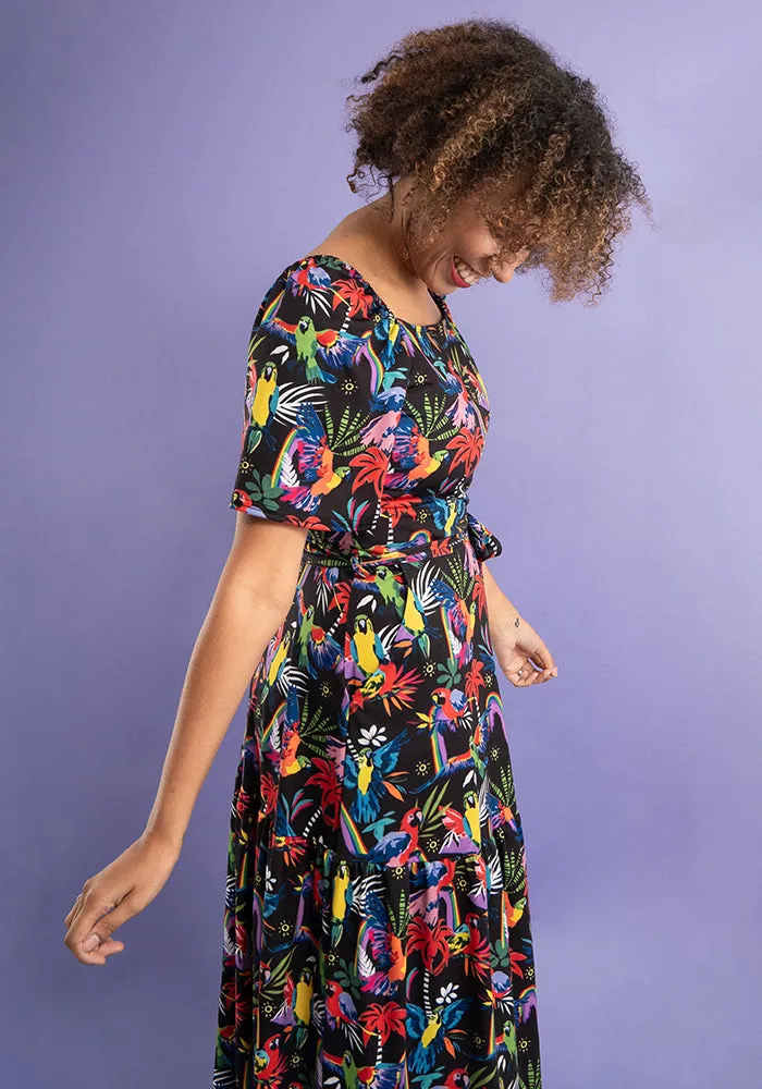 Jena Rainbow Parrots Print Tiered Hem Midi Dress