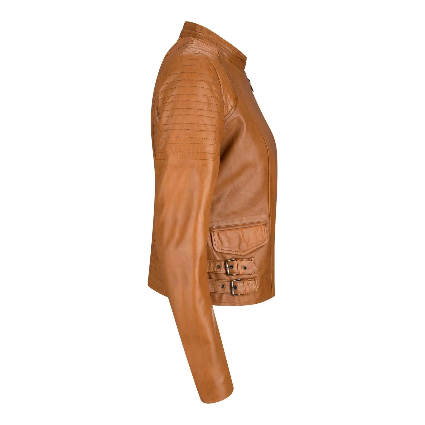 Ladies Real Leather Jacket Short Fitted Bikers Style Vintage Tan Brown Rock