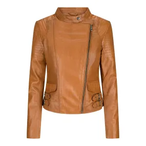 Ladies Real Leather Jacket Short Fitted Bikers Style Vintage Tan Brown Rock