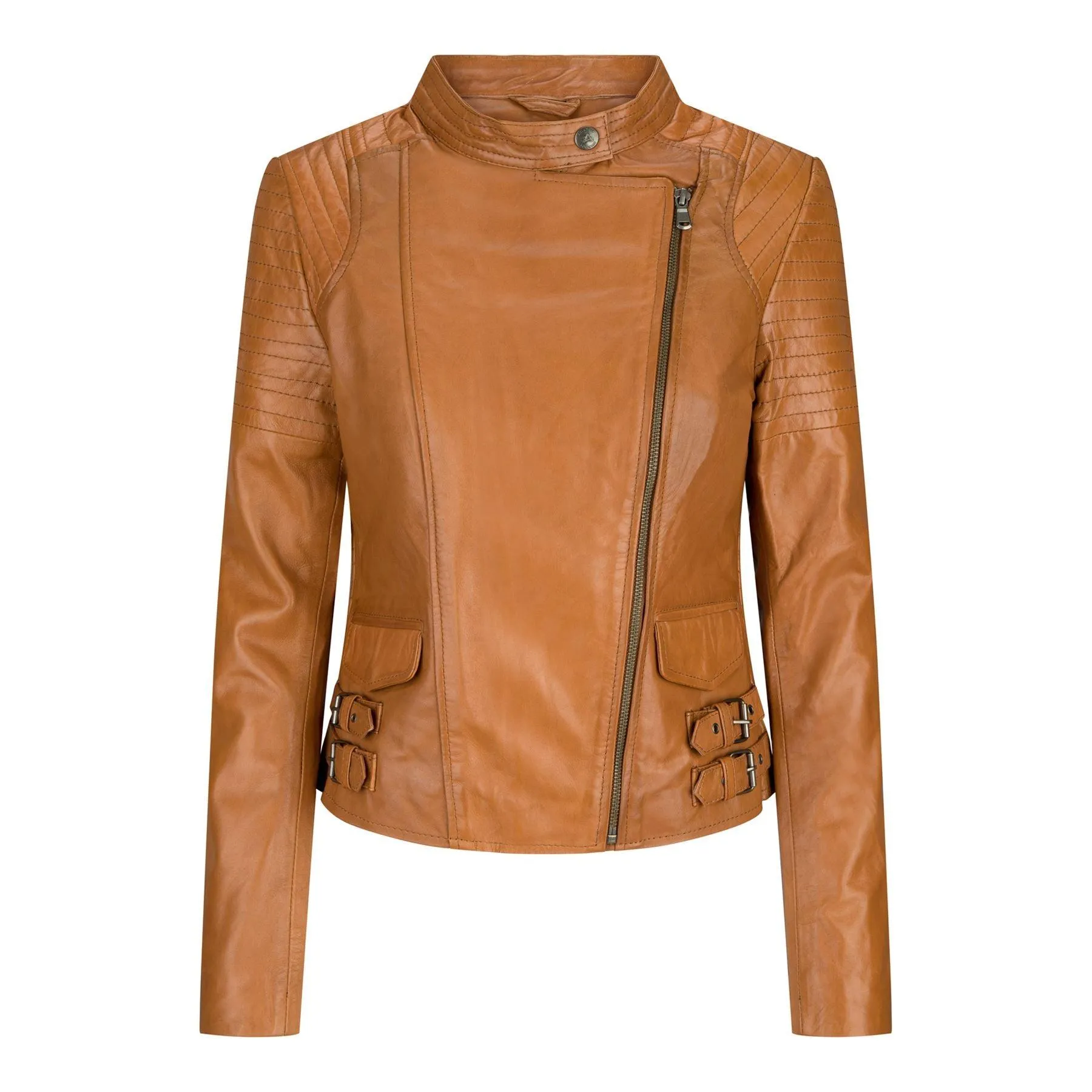 Ladies Real Leather Jacket Short Fitted Bikers Style Vintage Tan Brown Rock
