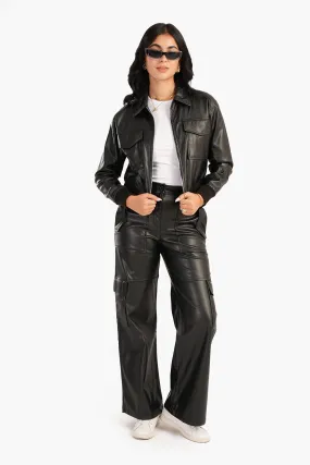 Leather Jacket with Elasic Hem