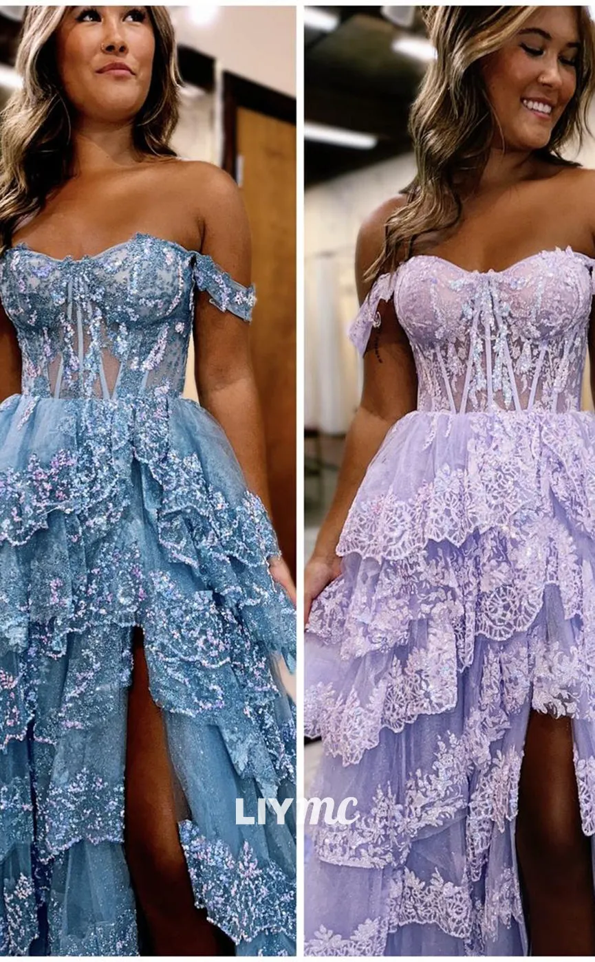 LP1032 - A Line Off Shoulder Sequins Lace Long Formal Prom Dress with Slit