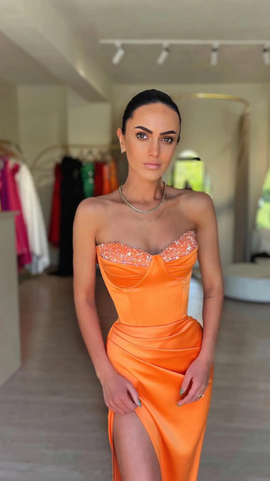 LP1203 - Sexy Semi-Sweetheart Ruched Long Prom Dresses with High Slit
