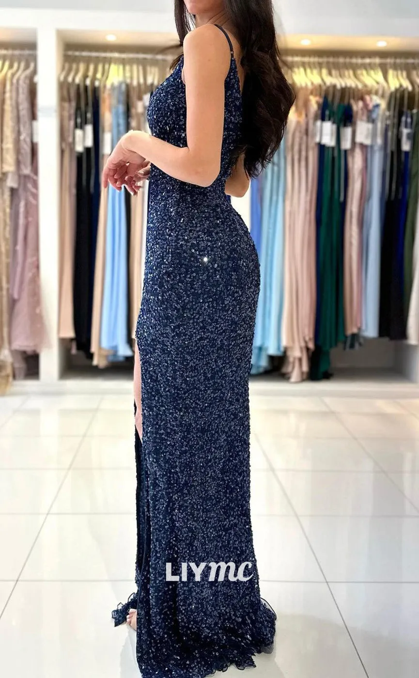 LP1856 - V-Neck Spaghetti Straps Sleeveless Sequins High Slit Mermaid Sexy Prom Dress