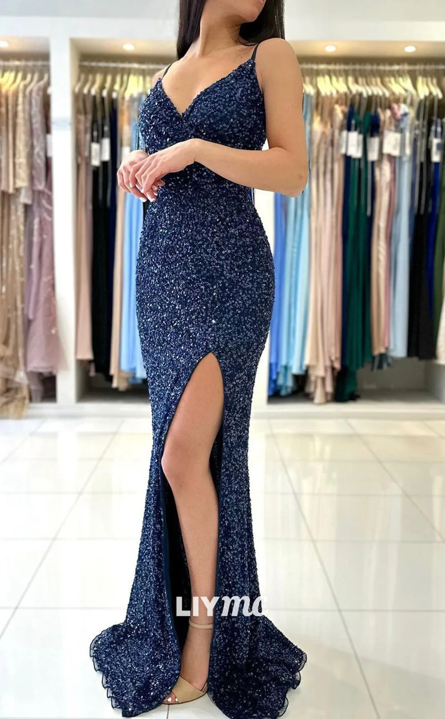 LP1856 - V-Neck Spaghetti Straps Sleeveless Sequins High Slit Mermaid Sexy Prom Dress