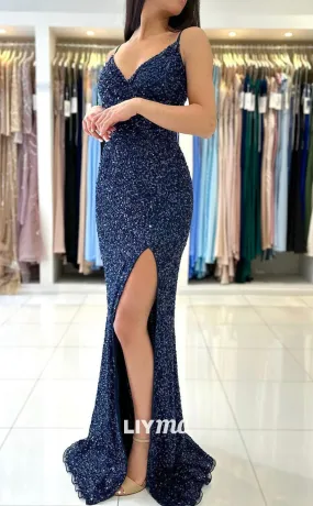 LP1856 - V-Neck Spaghetti Straps Sleeveless Sequins High Slit Mermaid Sexy Prom Dress