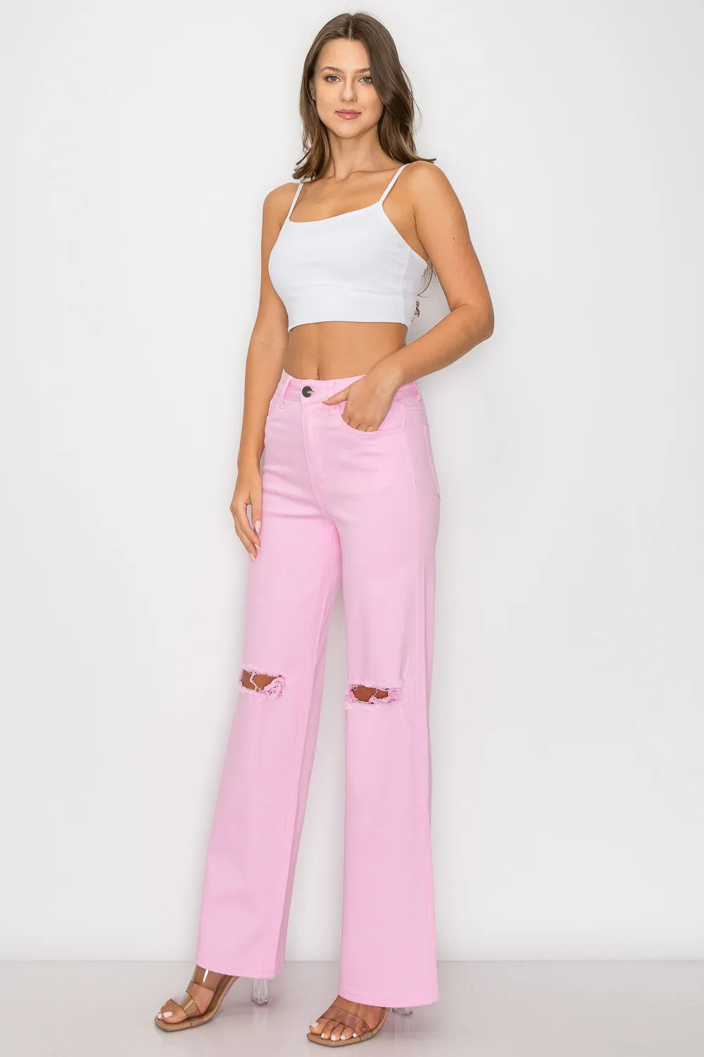 LVB-230 LIGHT PINK HIGH WAISTED SUPER-STRETCH COLORED WIDE LEG JEANS